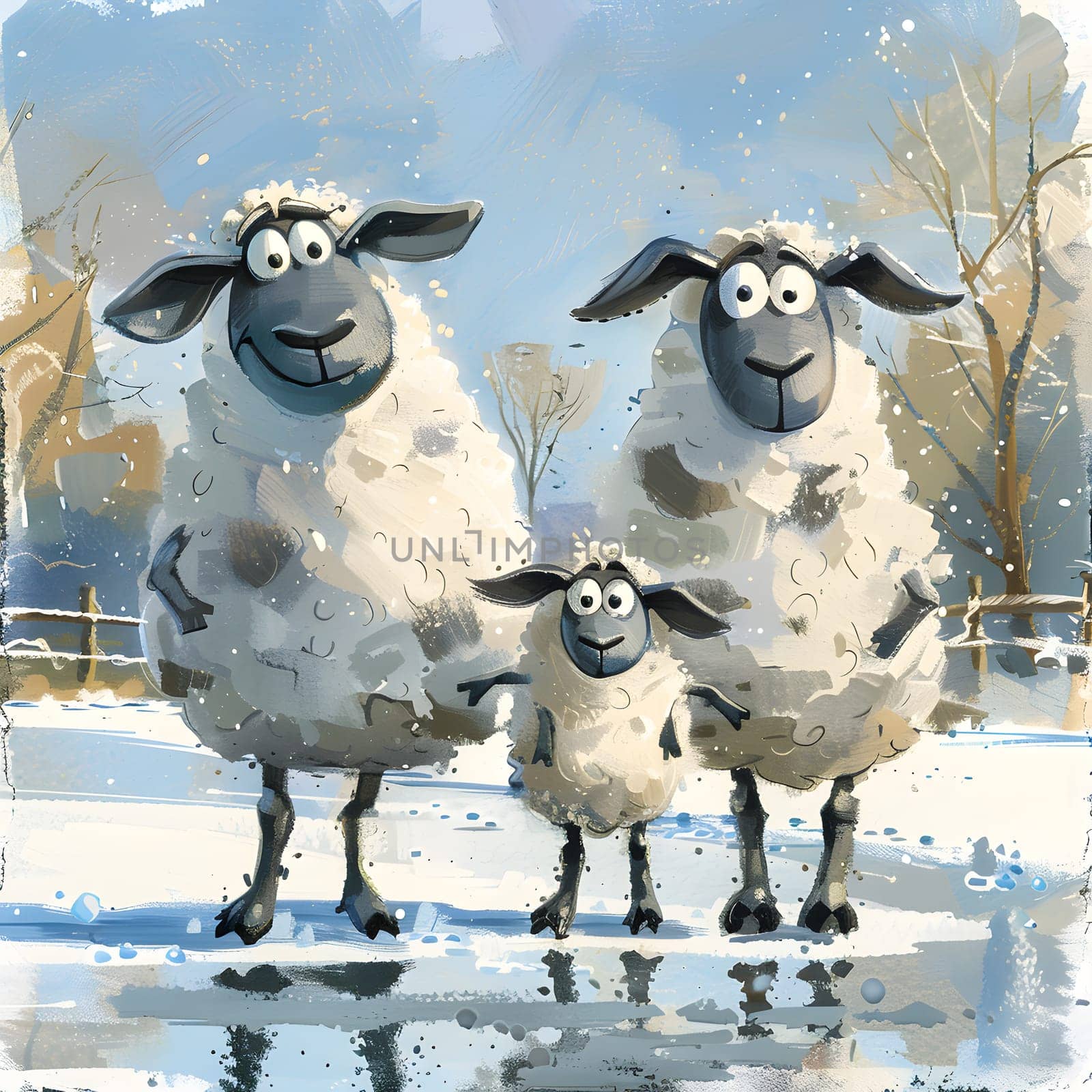 A painting of three sheep standing in the snow, showcasing the beauty of nature and terrestrial animals. The image captures the essence of a tranquil winter scene