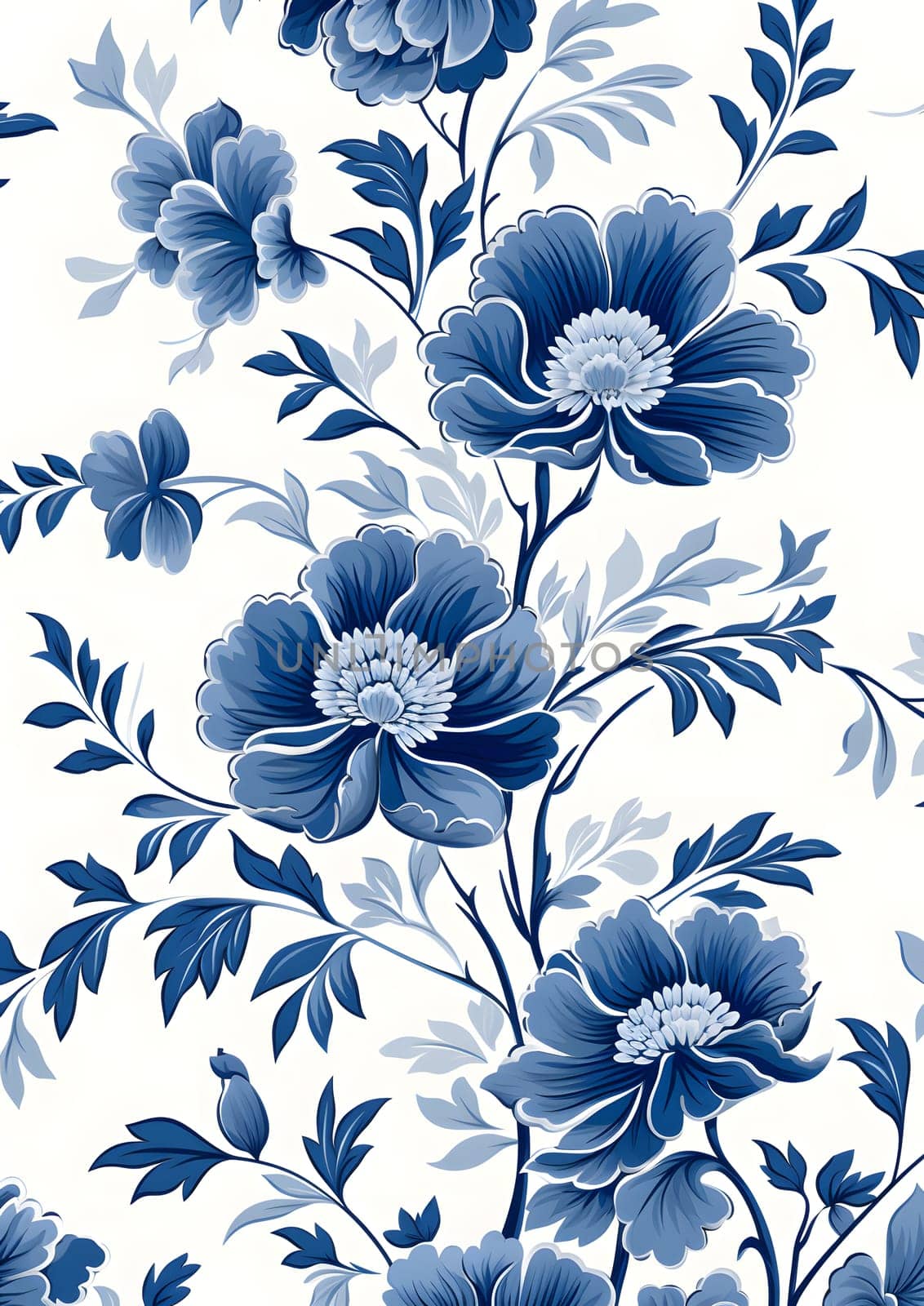 Seamless azure flowers and leaves on white textile, creative arts in painting by Nadtochiy