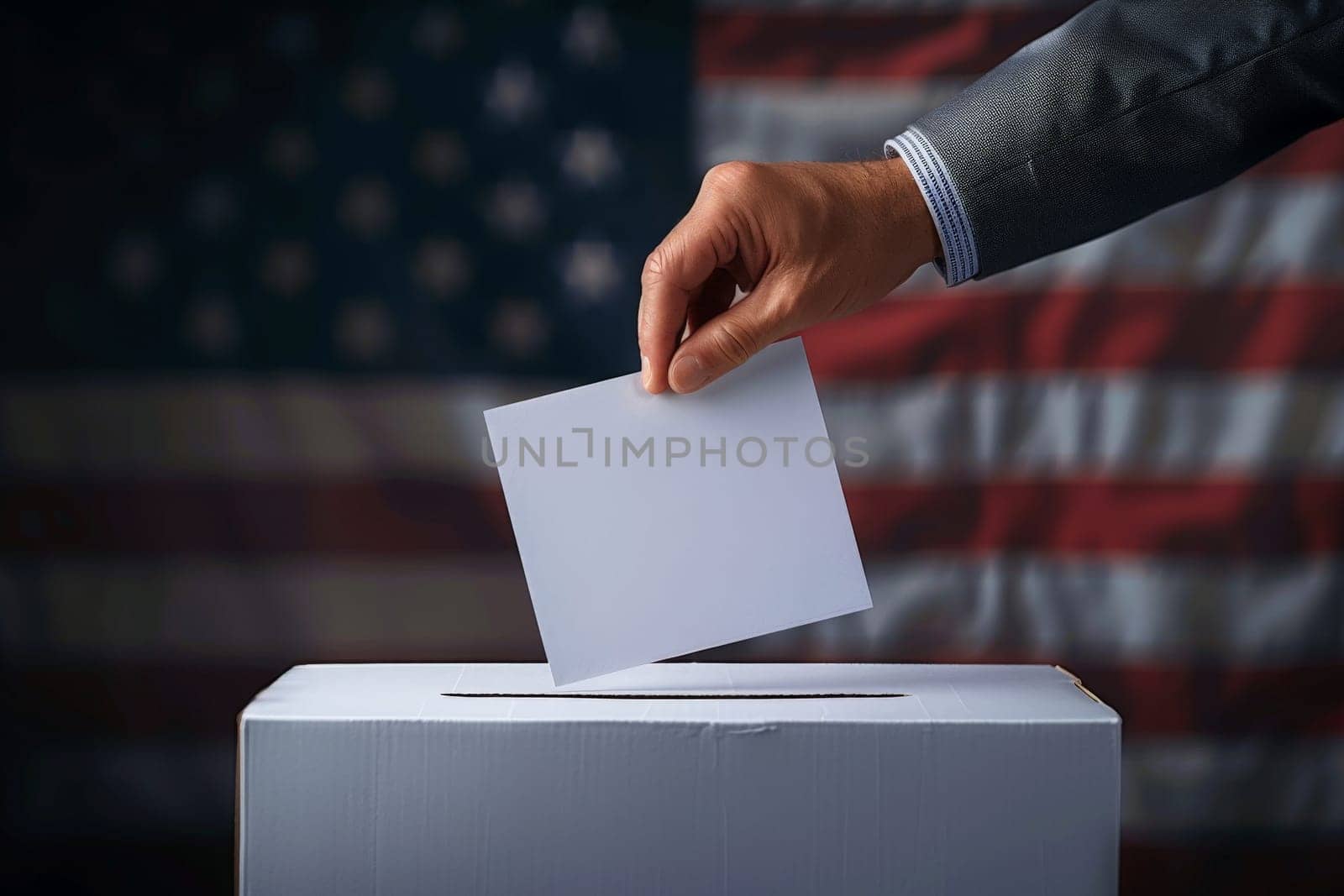 hand putting vote paper into ballot box, , UK flag background, generative ai.