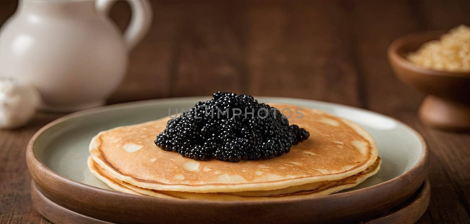 Pancakes with caviar for breakfast highlight luxury morning meal. Golden stack topped with black caviar, served on wooden plate, captures indulgent experience