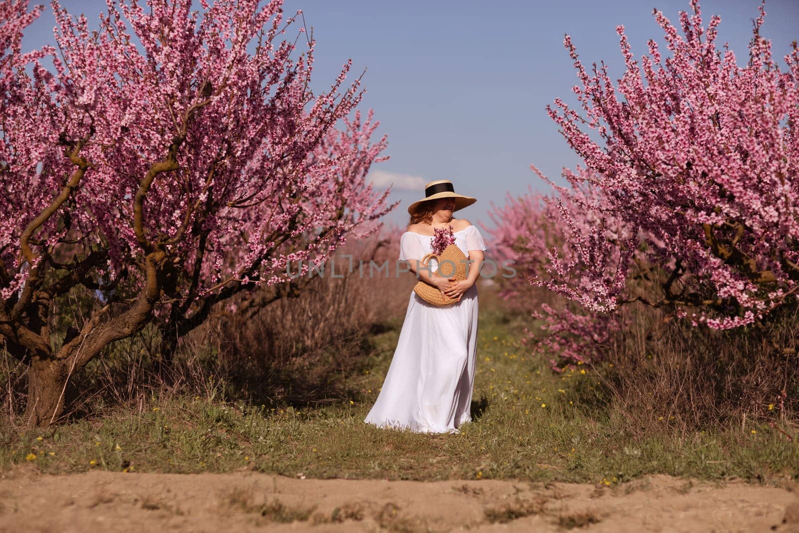 Woman blooming peach orchard. Against the backdrop of a picturesque peach orchard, a woman in a long white dress and hat enjoys a peaceful walk in the park, surrounded by the beauty of nature. by Matiunina