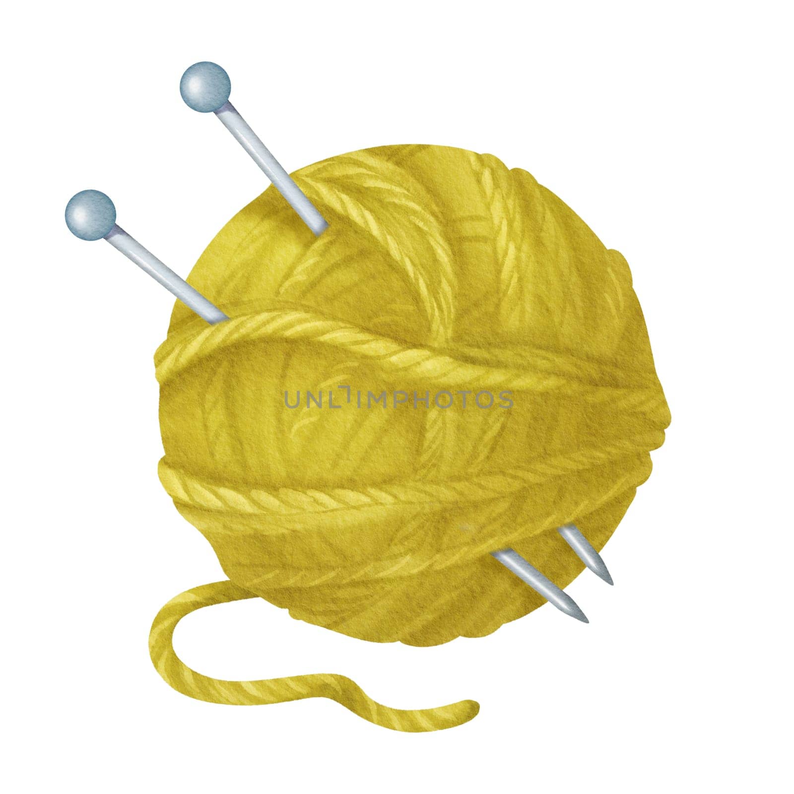 An isolated watercolor illustration featuring a green yarn spool. Embedded in the spool are steel knitting needles. wool and cotton. for crafting enthusiasts, knitting tutorials, DIY-themed designs by Art_Mari_Ka