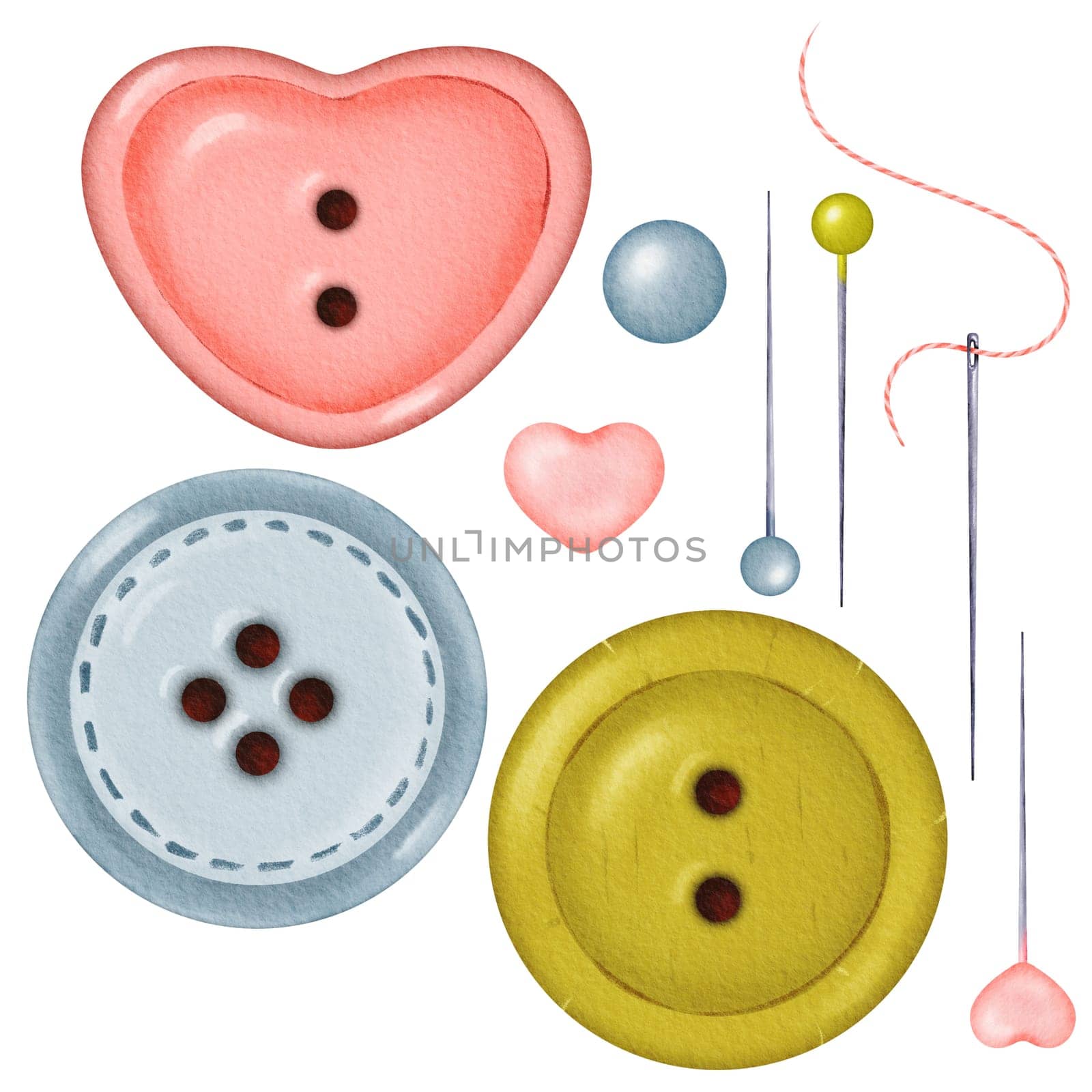 A watercolor collection of isolated objects featuring colorful buttons in round and heart shapes, along with needles, pins, and rhinestones. Colors pink, green, and blue. for crafting, sewing by Art_Mari_Ka