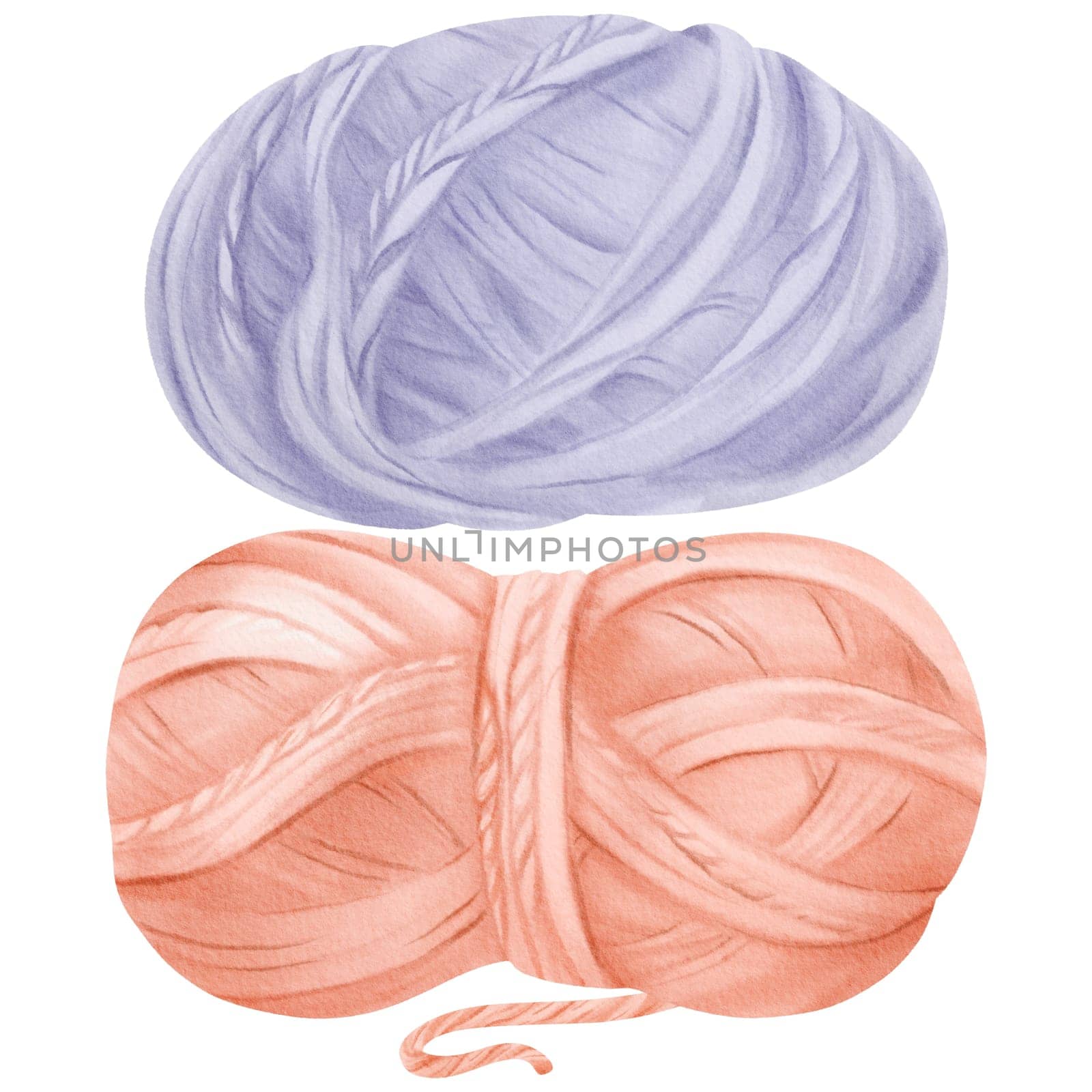 A set of watercolor illustration of a pink and blue thread spool. Made of wool and cotton fibers. for sewing shops, textile manufacturers, educational materials for sewing and knitting classes.