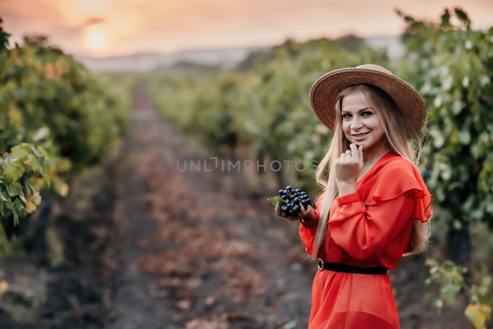 portrait of a happy woman in the summer vineyards at sunset. woman in a hat and smiling. by Matiunina