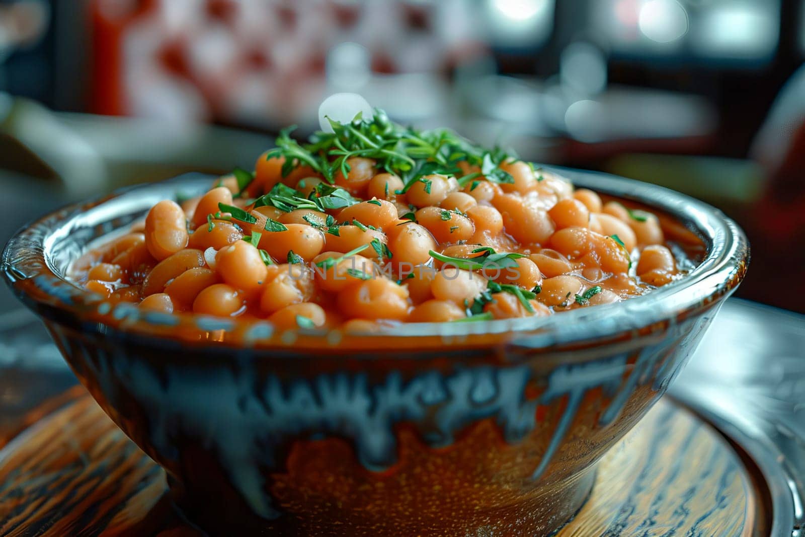 Beans baked in tomato sauce, sprinkled with fresh chopped herbs. Healthy food. AI generated.