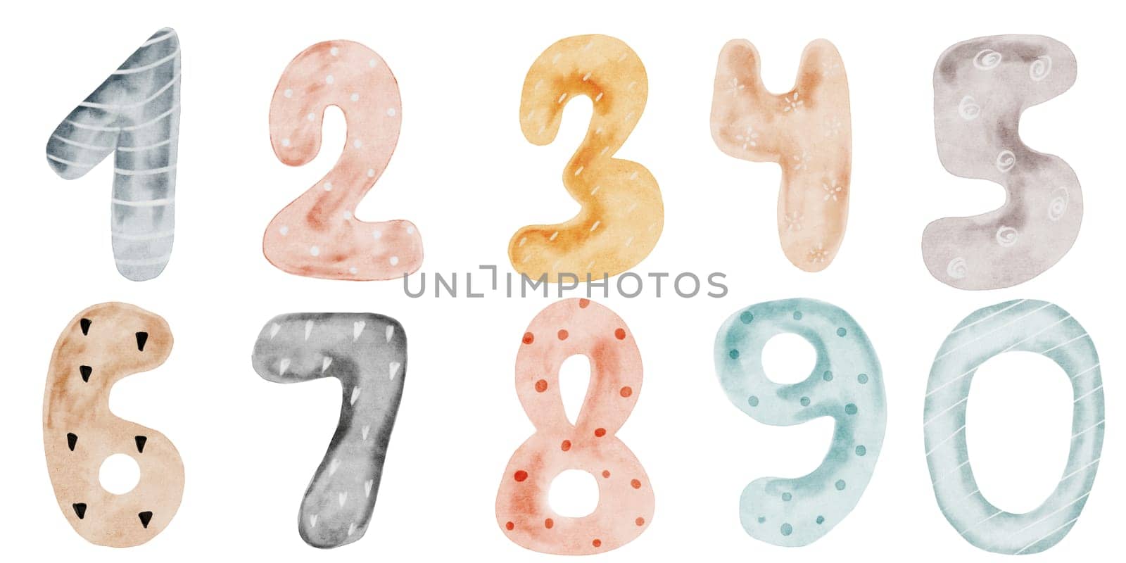 Watercolor Numbers. Set of colorful cute numbers. Clip art isolated on white background. For design of birthday cards and invitations. Children's kawaii style by TatyanaTrushcheleva