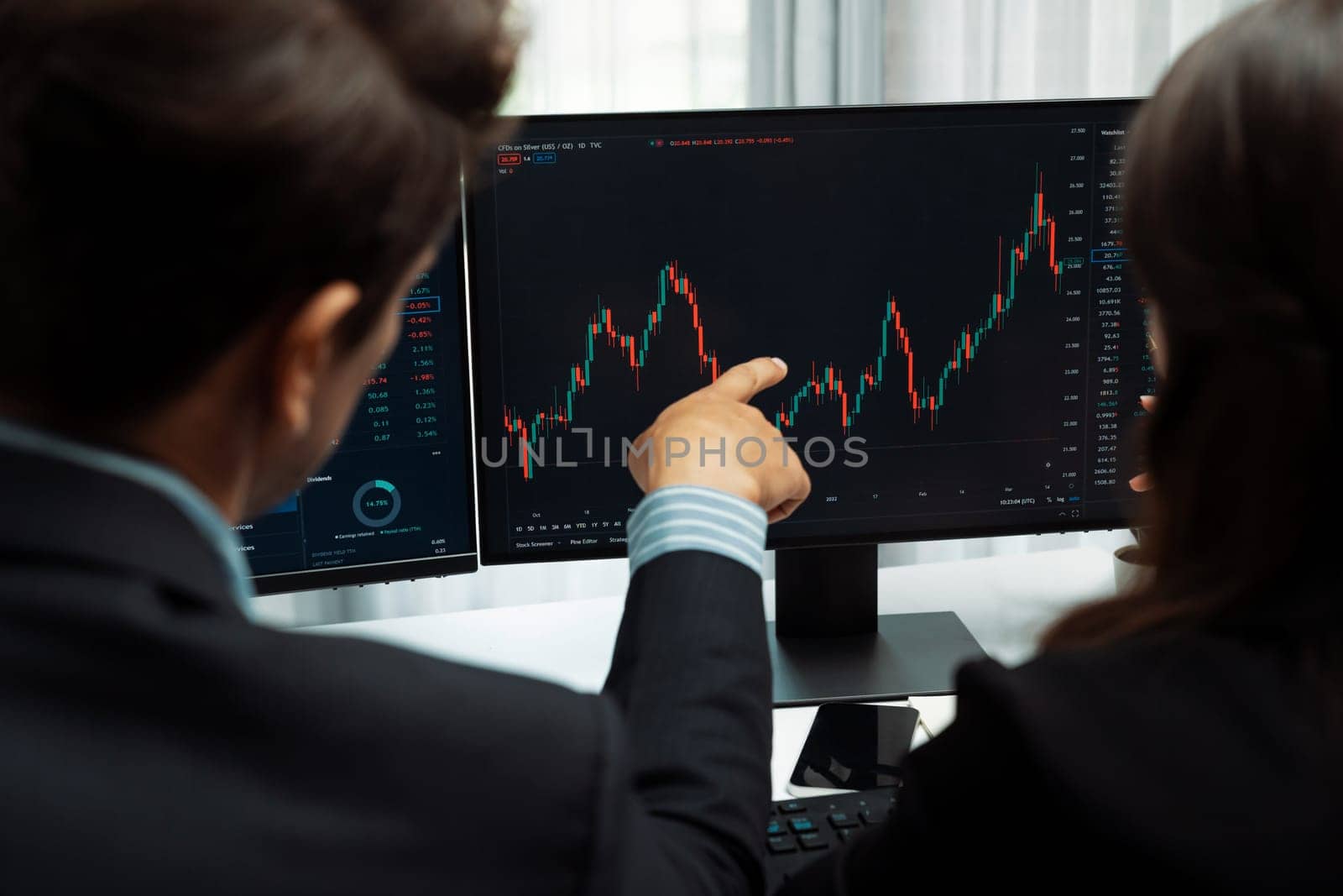 Two business traders discussing on dynamic stock market in currency rate investment trading on two pc screens with compare real time graph on risk or profit point of data at modern office. Postulate.