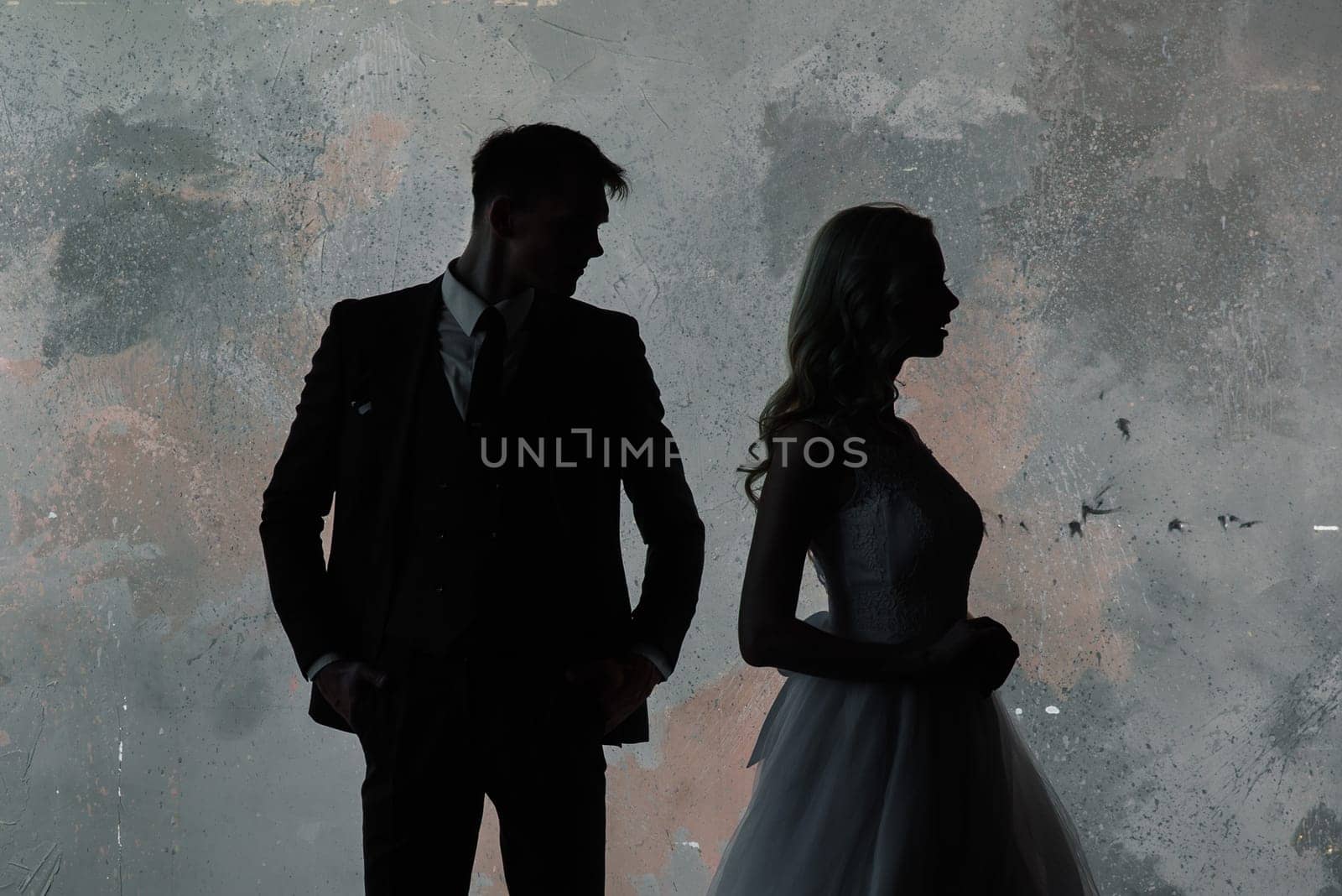 Art fashion studio photo of wedding couple silhouette groom and bride on colors background. by Zelenin