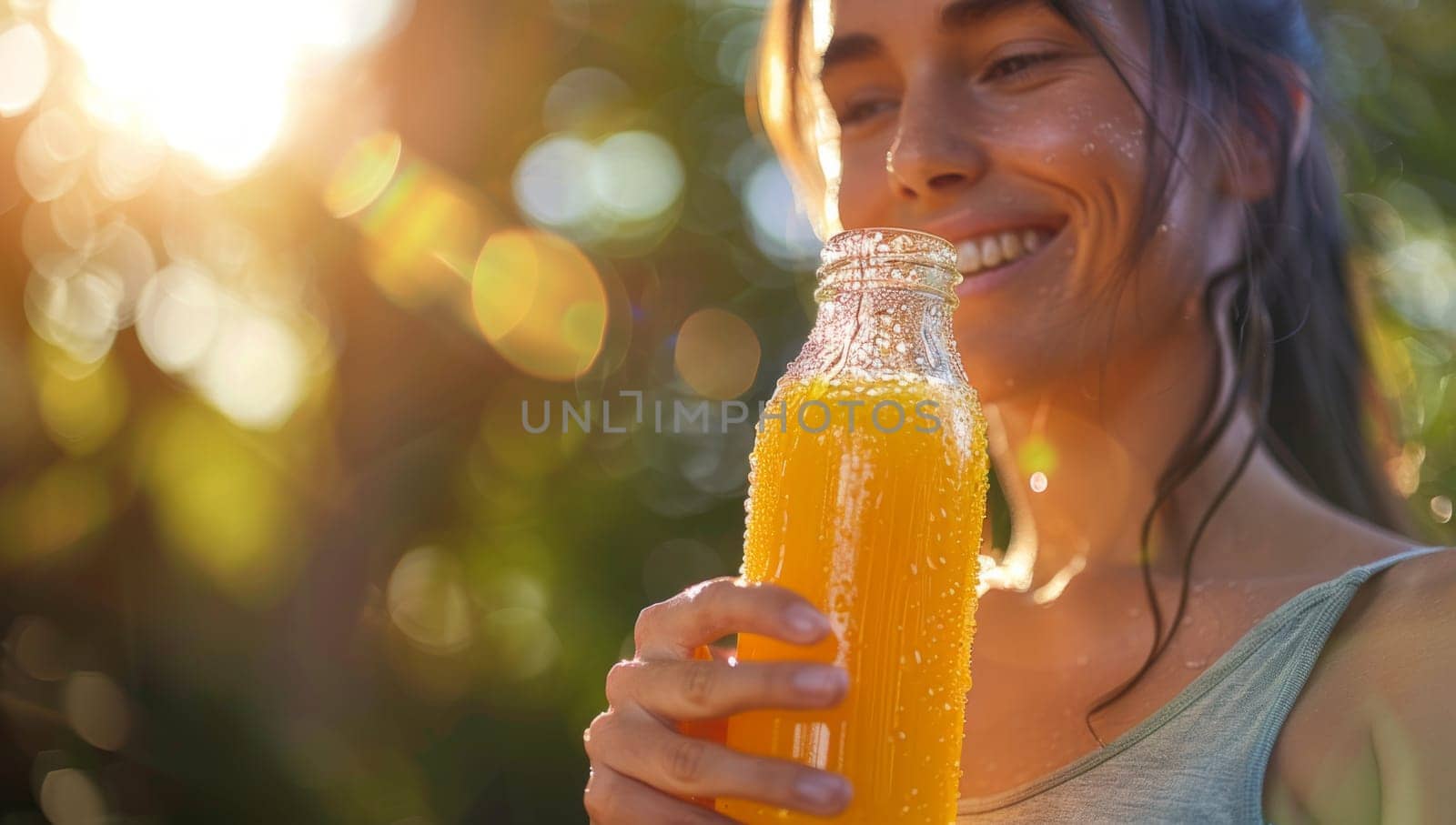 Close up of sporty young woman drinking orange juice vitamins after extensive exercise.