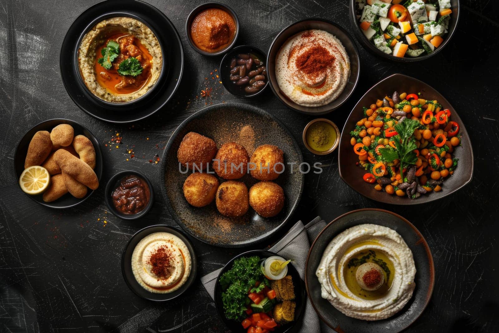 Top view of arabic food with a variety of dishes including hummus and falafel. Horizontal by papatonic
