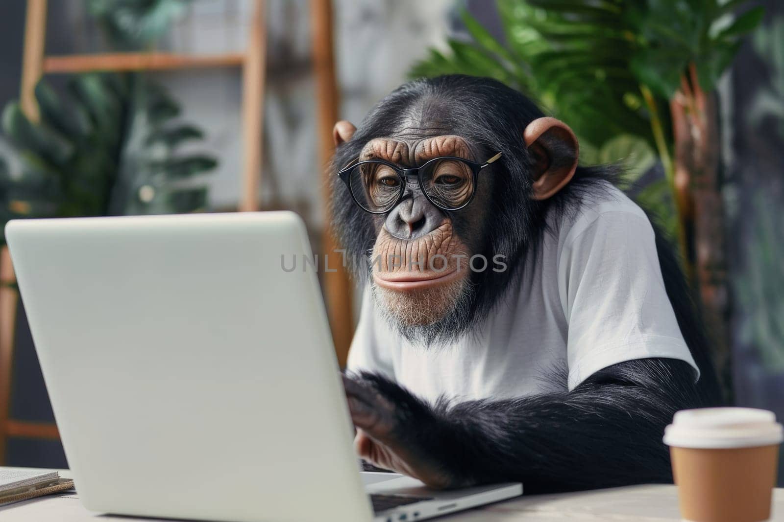 a chimpanzee with white white shirt and glasses sitting upfront the laptop, Generative AI by nijieimu