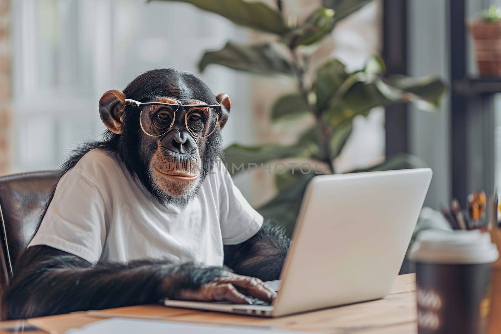 a chimpanzee with white white shirt and glasses sitting upfront the laptop, Generative AI.