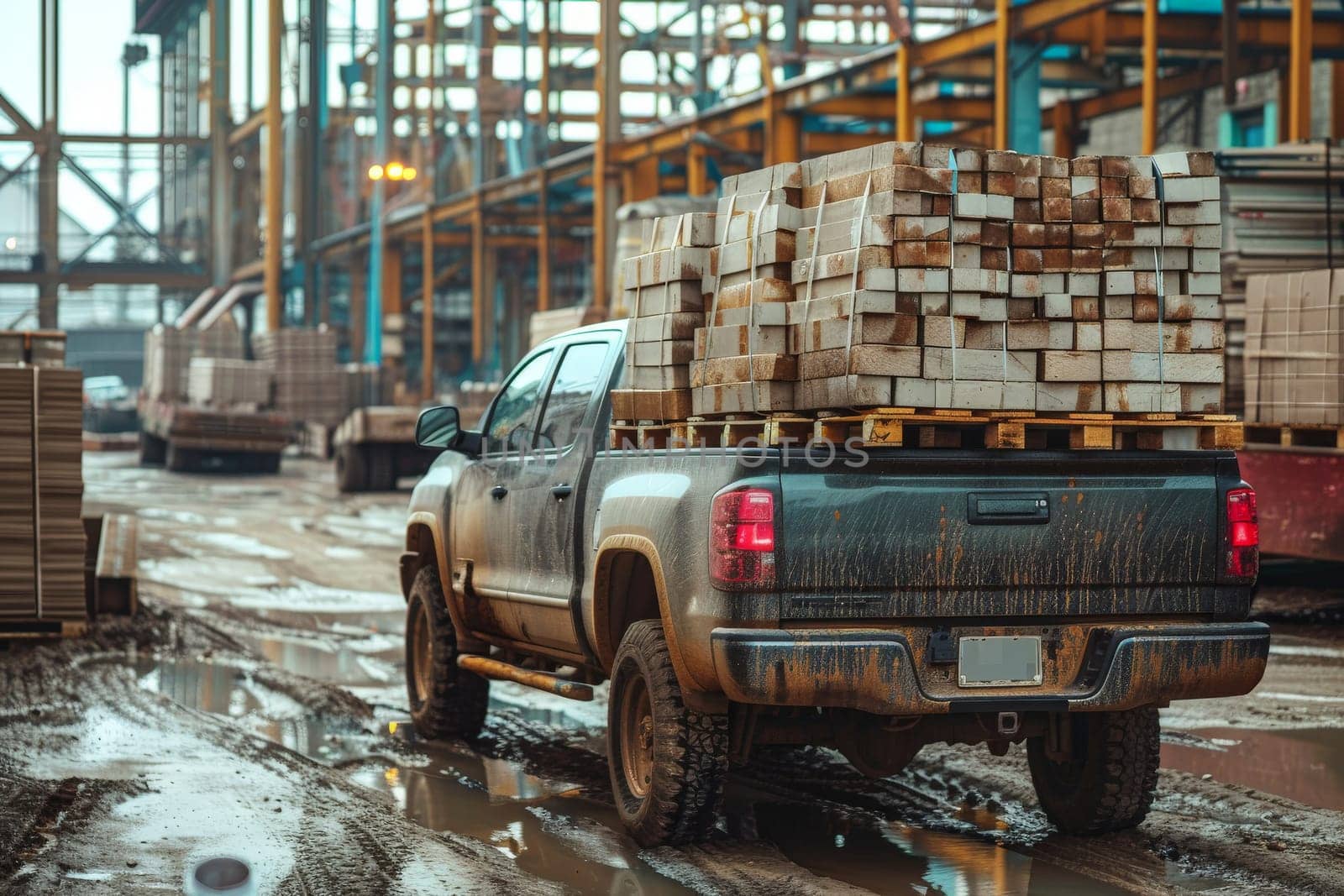 a pickup truck loaded with cargo in an industrial setting or construction site, Generative AI.