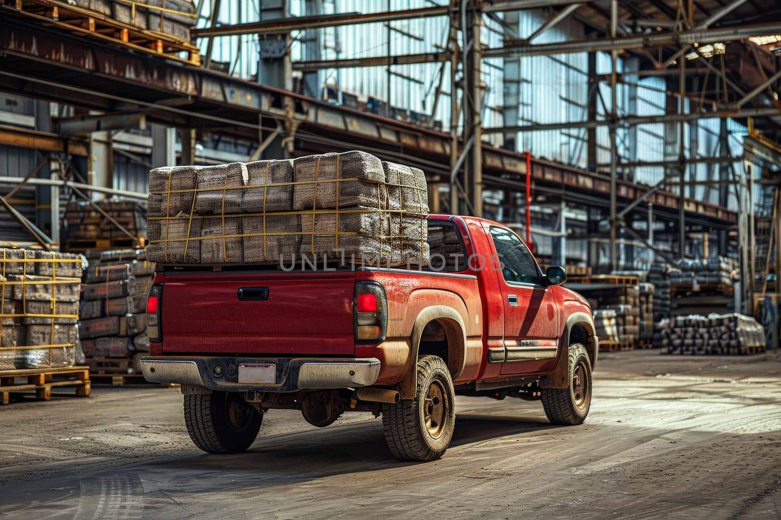 a pickup truck loaded with cargo in an industrial setting or construction site, Generative AI.