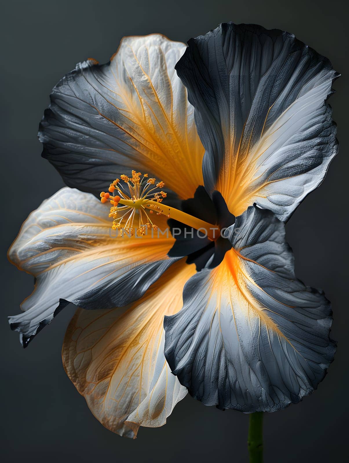 A macro photography close up of a striking black and yellow flower with a bright yellow center, resembling a piece of art in natures still life