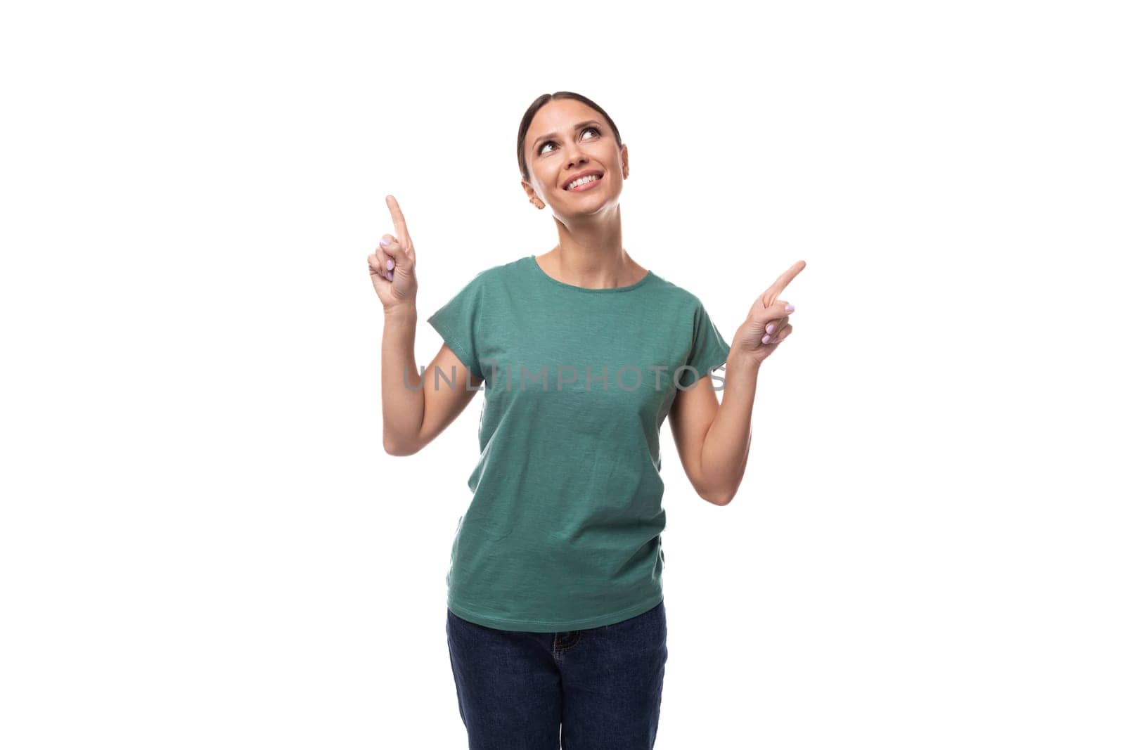 attractive young caucasian woman with black hair in a t-shirt actively gesturing on a white background with copy space. advertising concept by TRMK