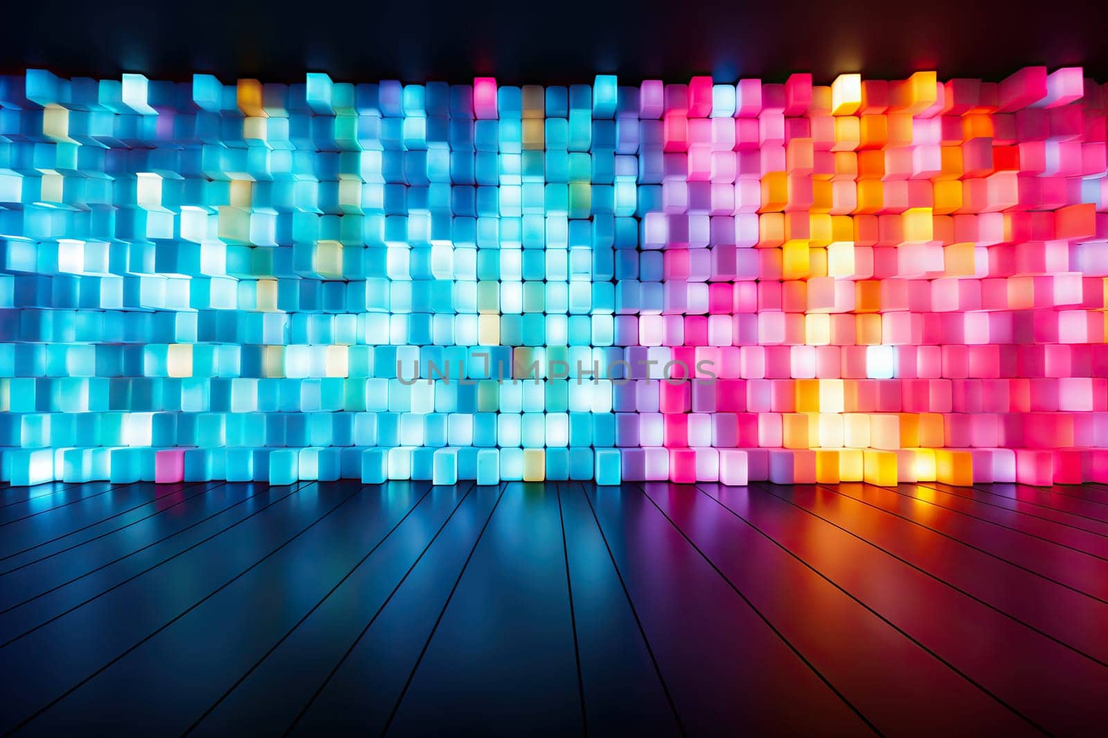 Brick wall with bright neon lighting. Generated by artificial intelligence by Vovmar