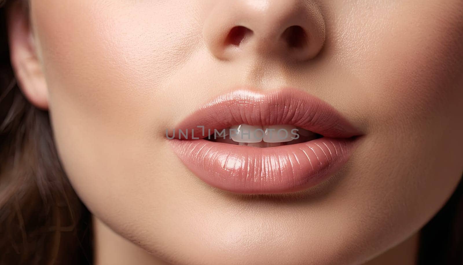 Close-up woman’s lower face, showcasing clear complexion against a blue background. Image captures detail of skin texture, lips, used for skin care promotion