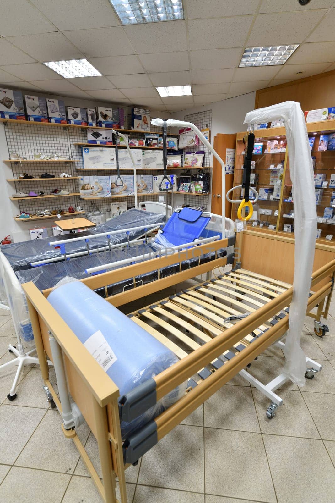 Moscow, Russia - Mar 28. 2024. Beds for patients in a medical store in Zelenograd by olgavolodina