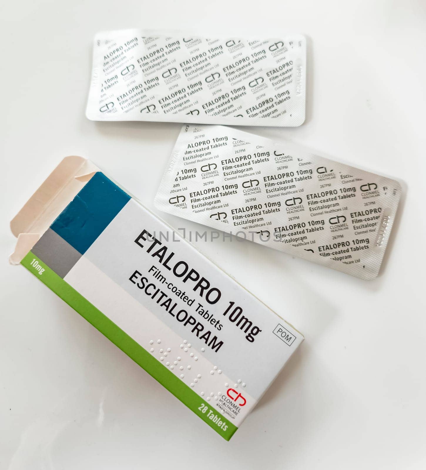 DONEGAL, IRELAND - SEPTEMBER 27 2023: Antidepressive Escitalopro 10mg laying on a table