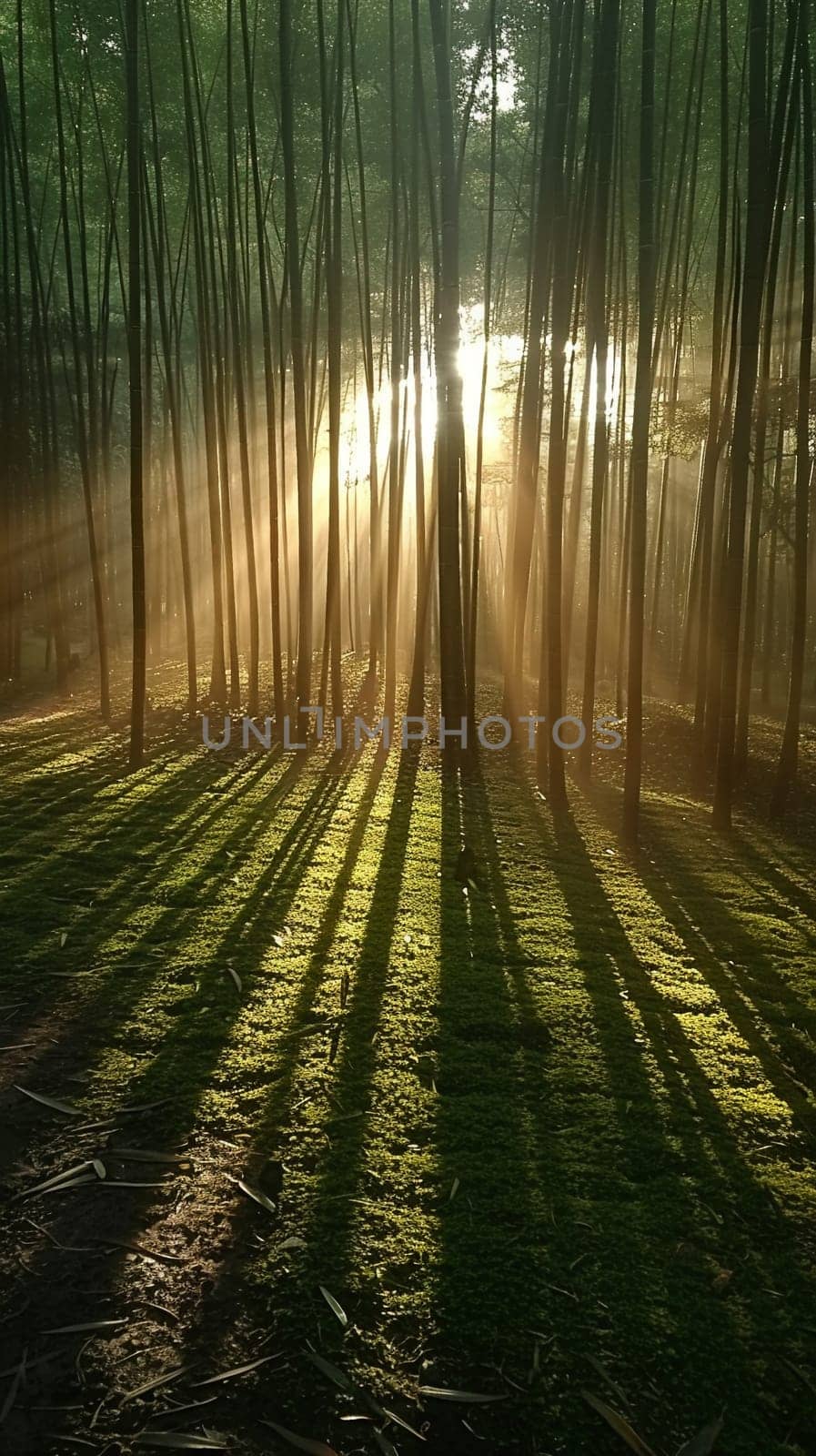 Sunlight casting shadows through a bamboo forest, representing tranquility and natural patterns.