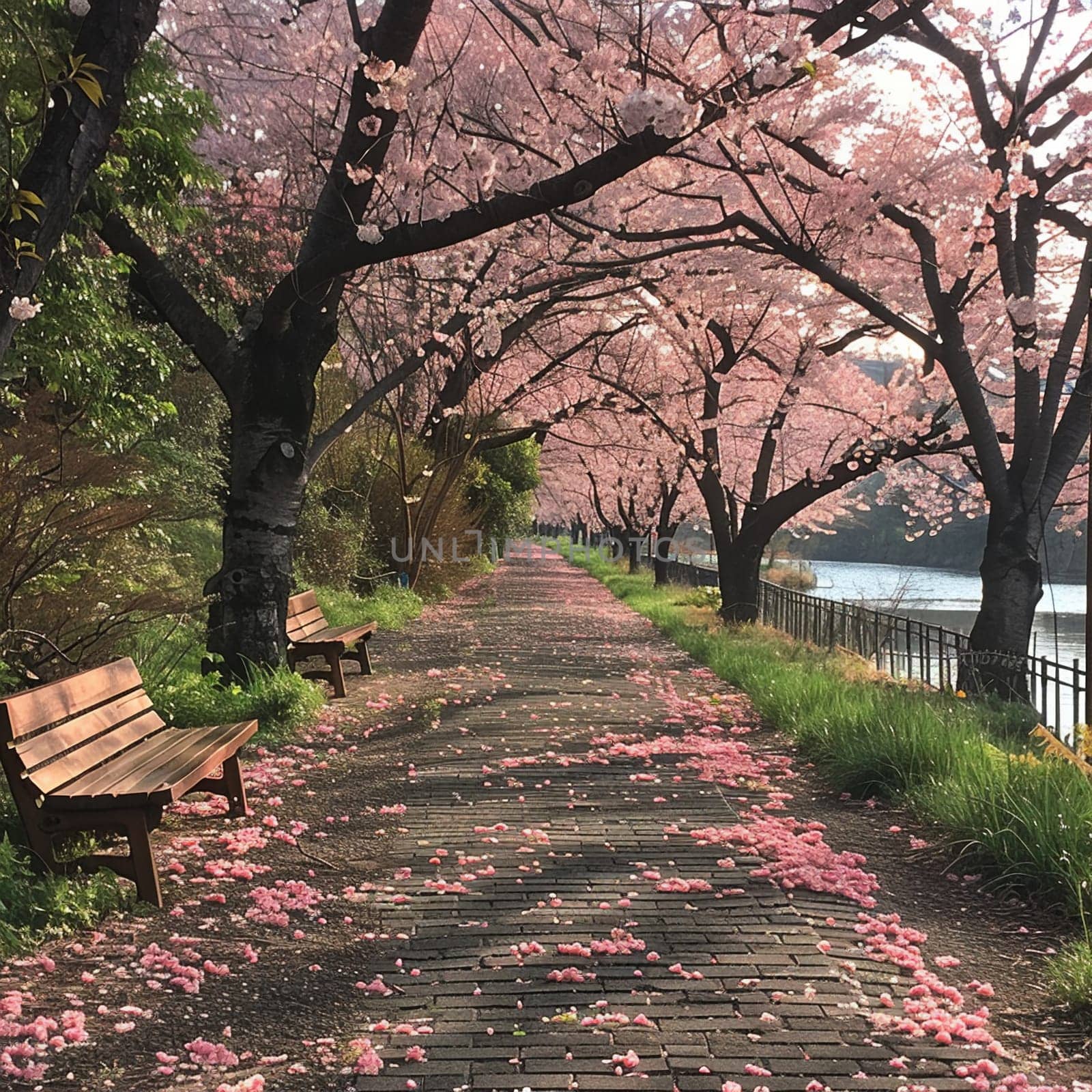 A path lined with cherry blossoms in full bloom, representing renewal and beauty.