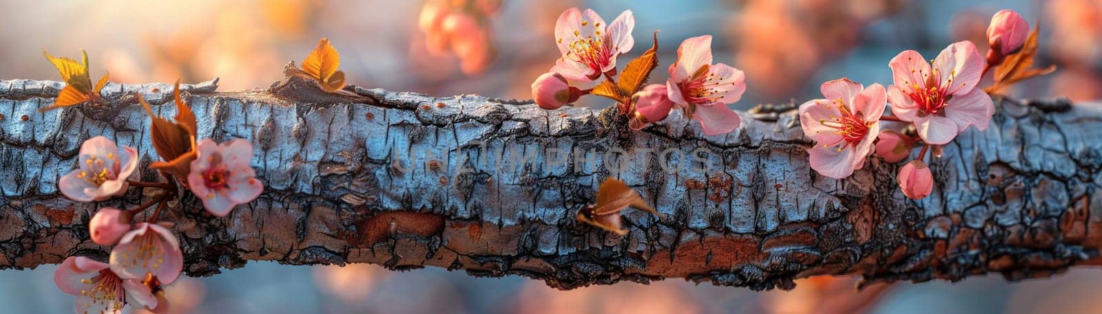 Blooming cherry blossoms against blue sky, ideal for spring and floral themes. Rough bark texture of an old tree, great for nature and rustic designs.