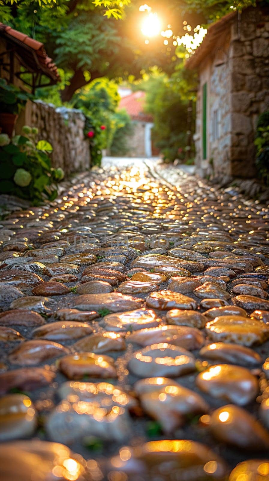 Worn cobblestone street in historic town by Benzoix