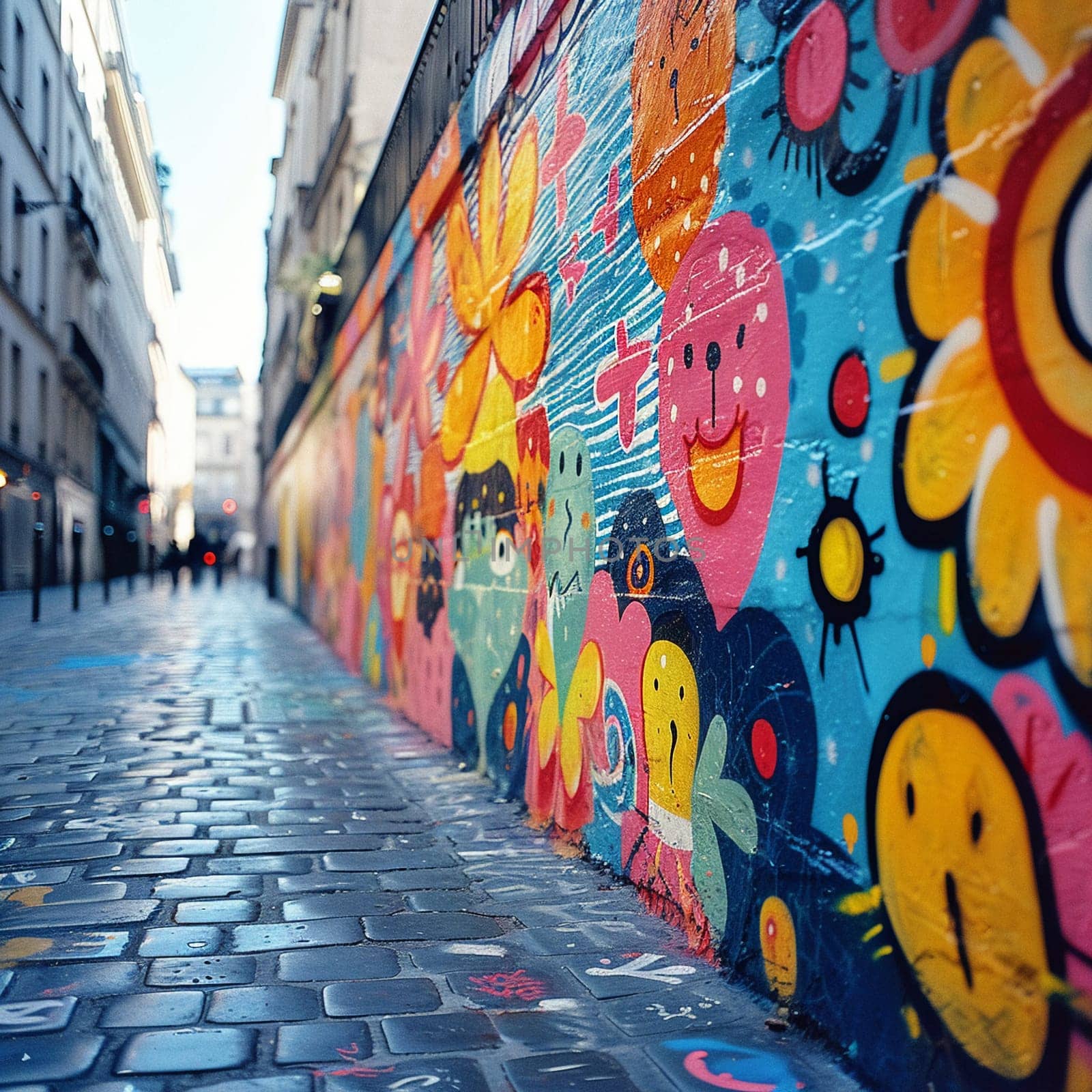 Vibrant graffiti wall in urban setting, capturing the essence of street art and culture.