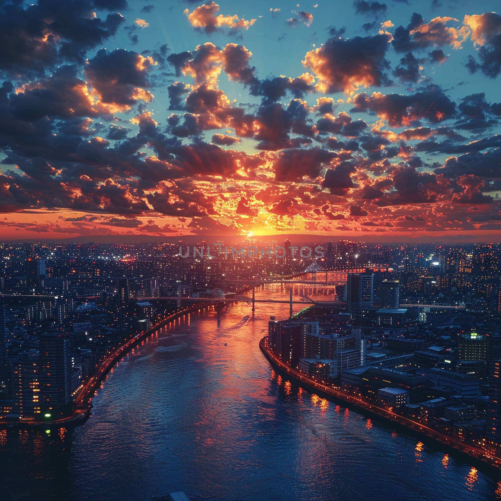 Vivid sunset reflecting on a cityscape, suitable for dramatic and urban backgrounds.