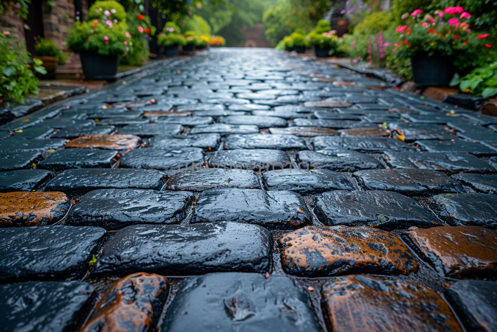 Worn cobblestone street in historic town by Benzoix