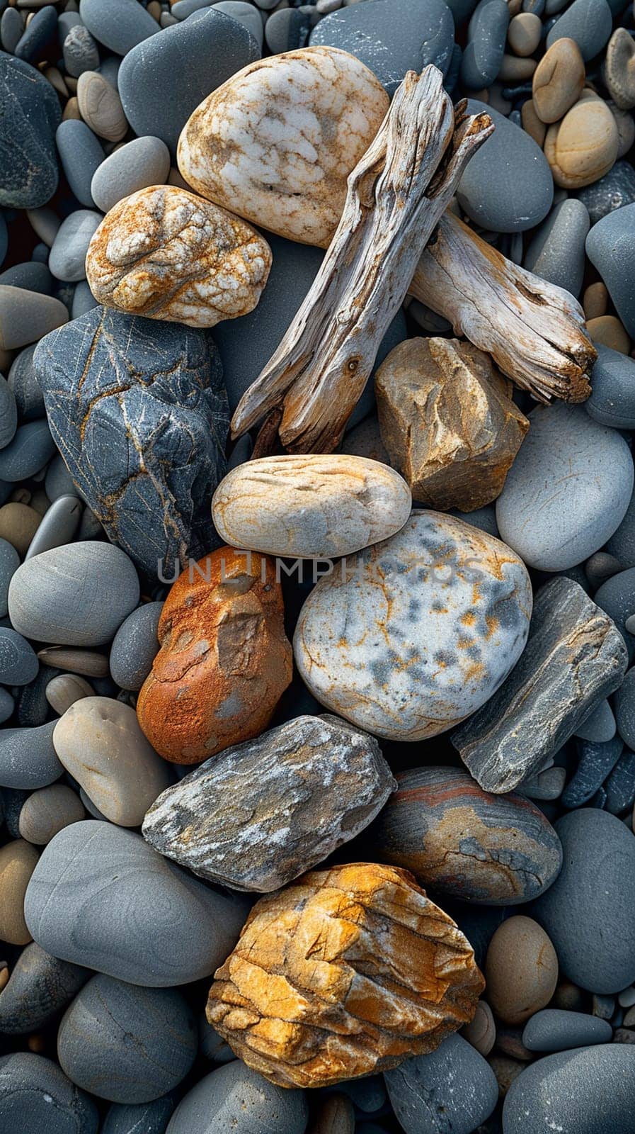 The contrasting textures of smooth pebbles and rough driftwood on a beach, showcasing natural diversity.