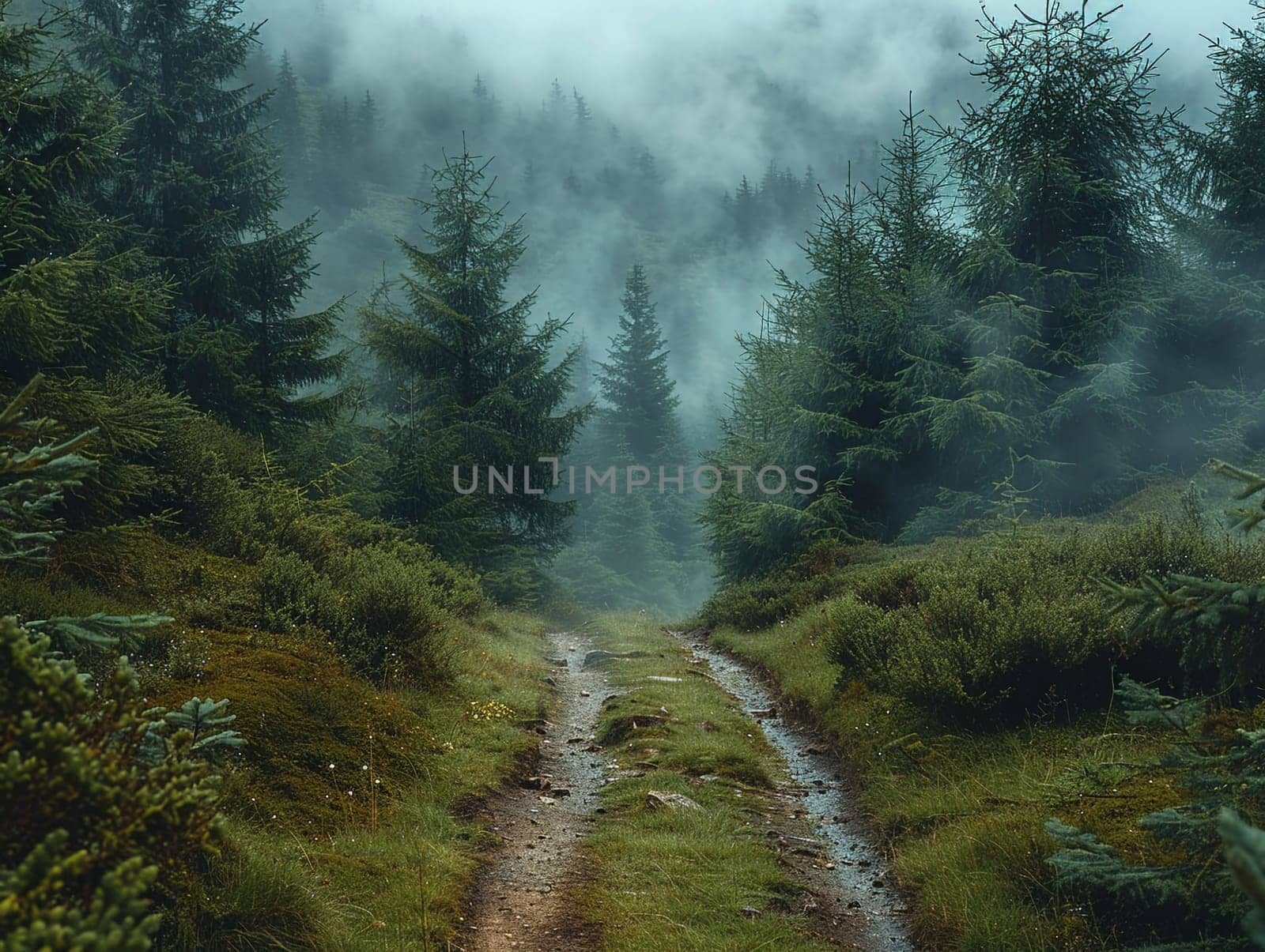 A pathway through a mystical foggy forest, inviting exploration and adventure.