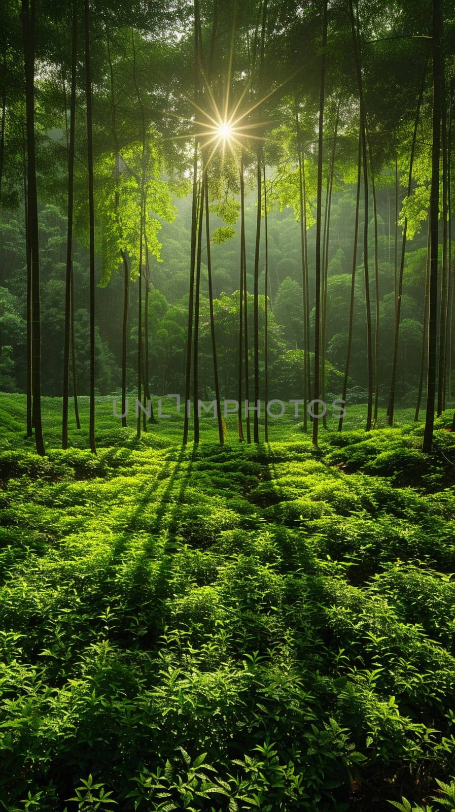 Sunlight casting shadows through a bamboo forest, representing tranquility and natural patterns.