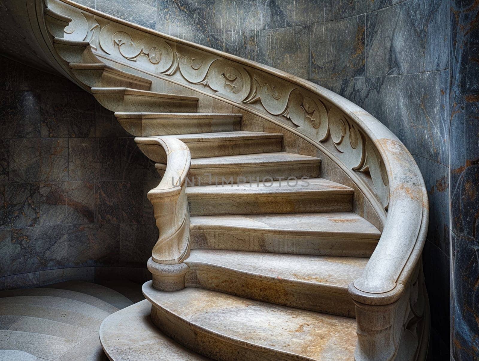 The architectural detail of a spiral staircase, symbolizing ascension and design.