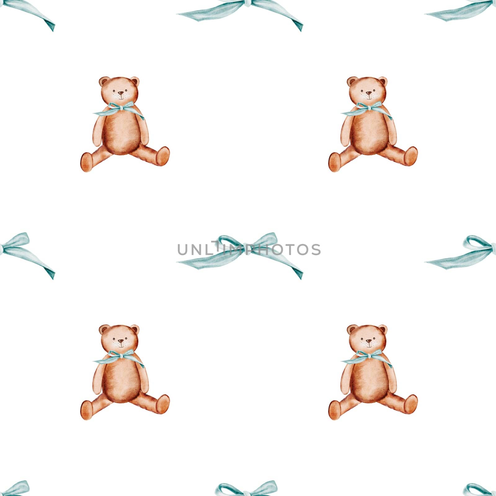 Teddy bear toy pattern. Watercolor ornament hand drawing. Illustration of a bear on a white background. Children's design. Ideal for children's textiles, diapers and underwear