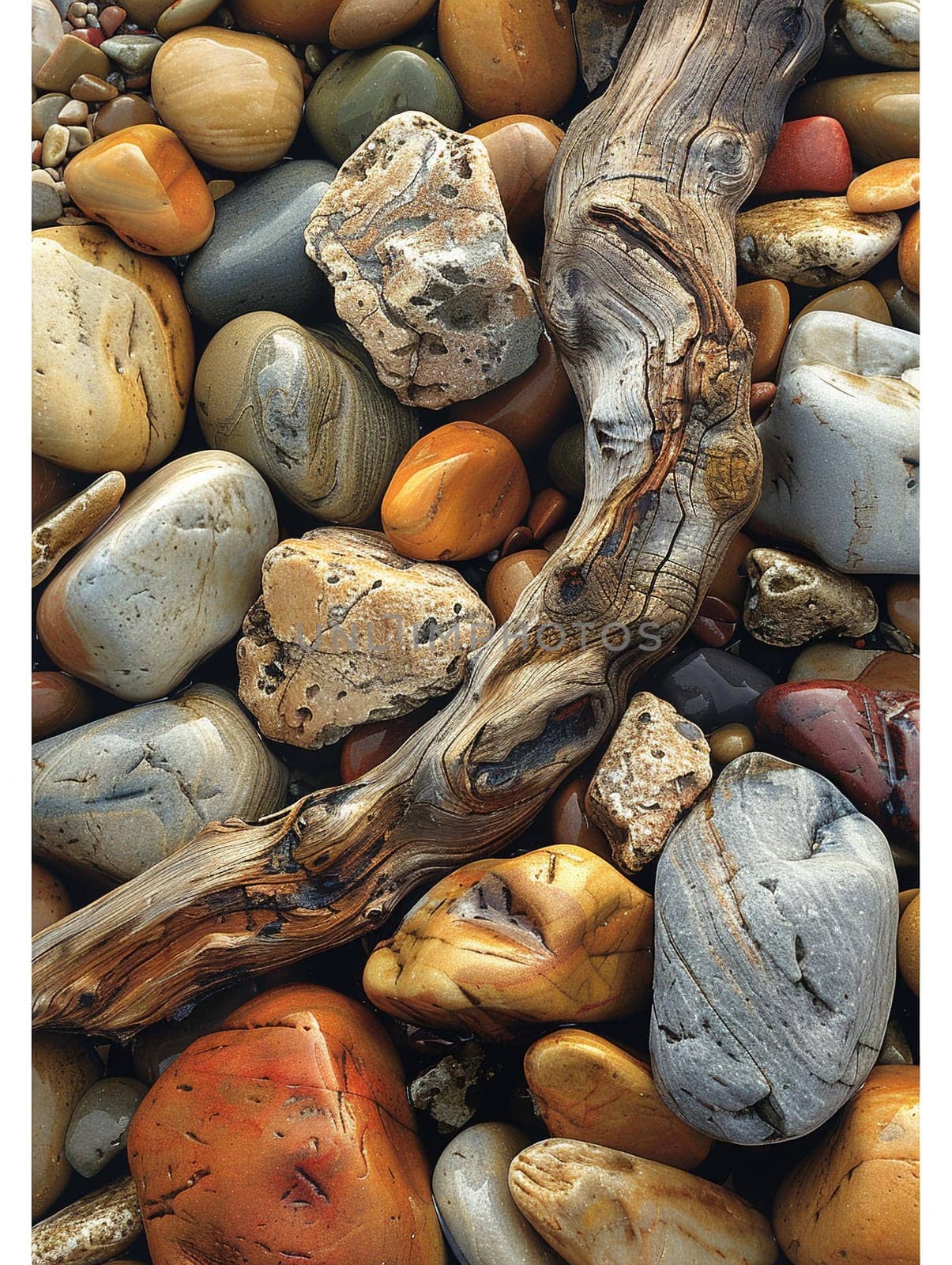 The contrasting textures of smooth pebbles and rough driftwood on a beach by Benzoix