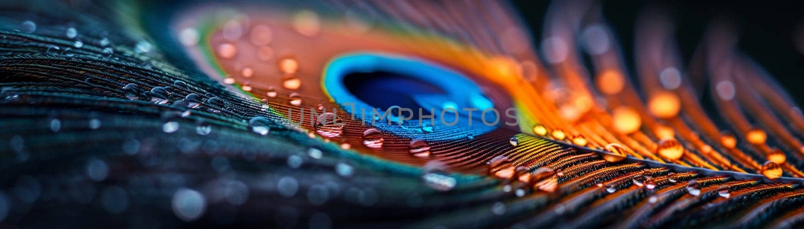 Close-up of a peacock feather, displaying vibrant colors and natural patterns.