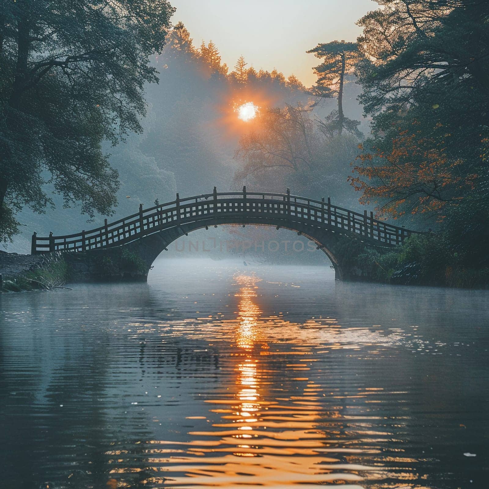 A bridge spanning a tranquil river at sunrise by Benzoix