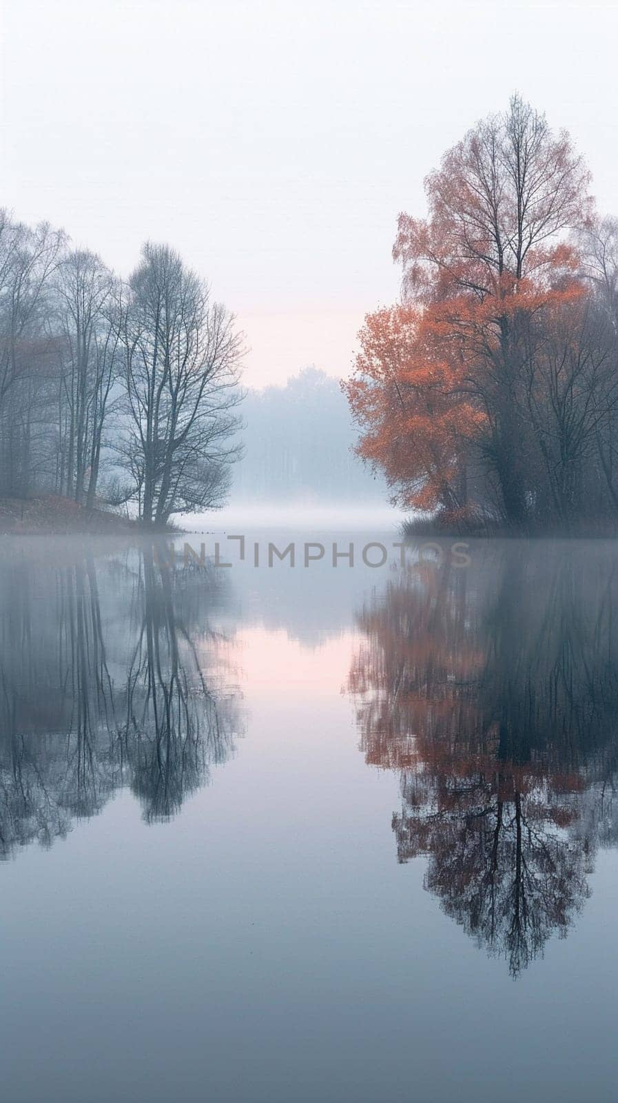 A blanket of fog over a calm lake at dawn by Benzoix