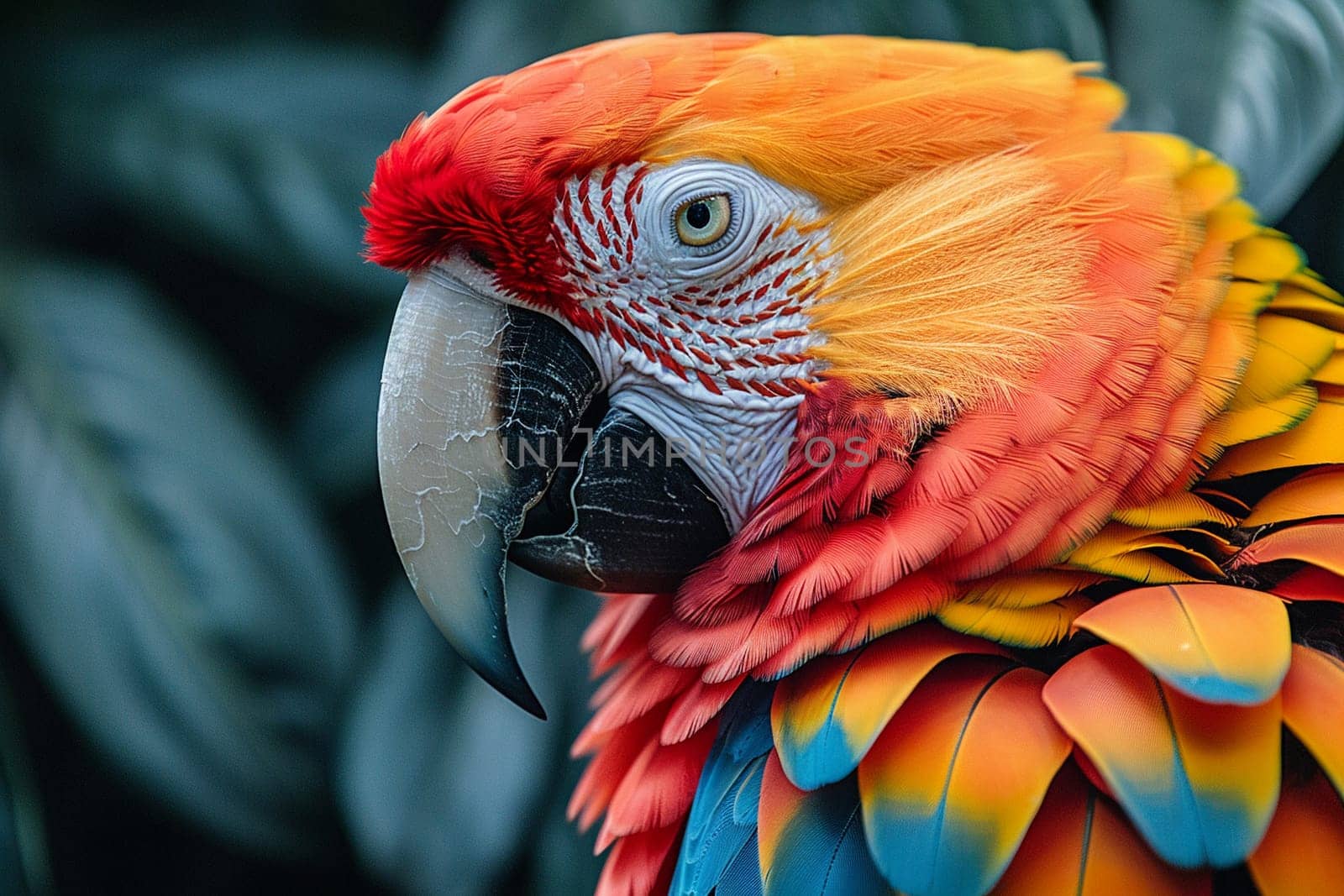 Close-up of a colorful parrot's feathers, great for vibrant and exotic projects.