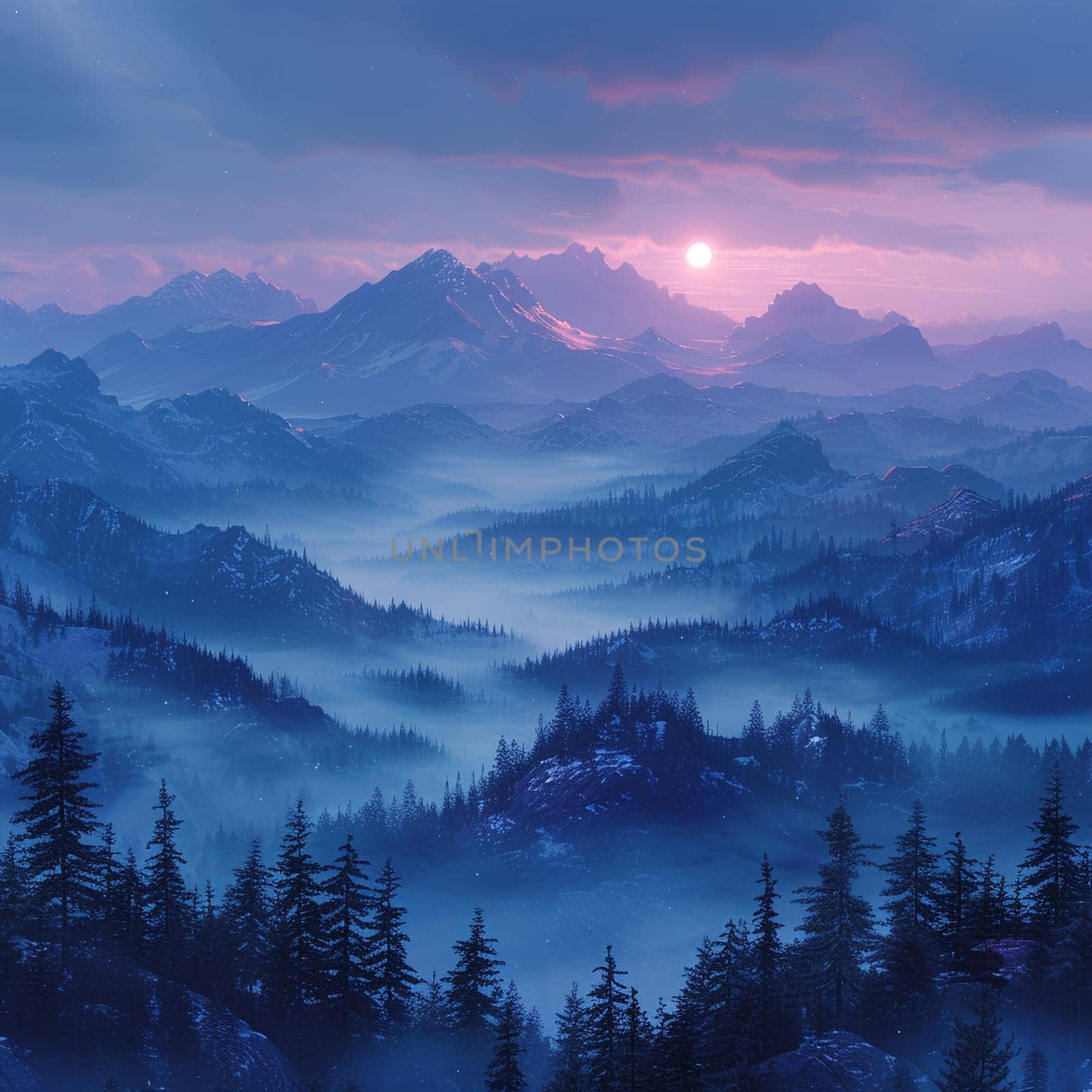 Misty mountain range at dawn by Benzoix