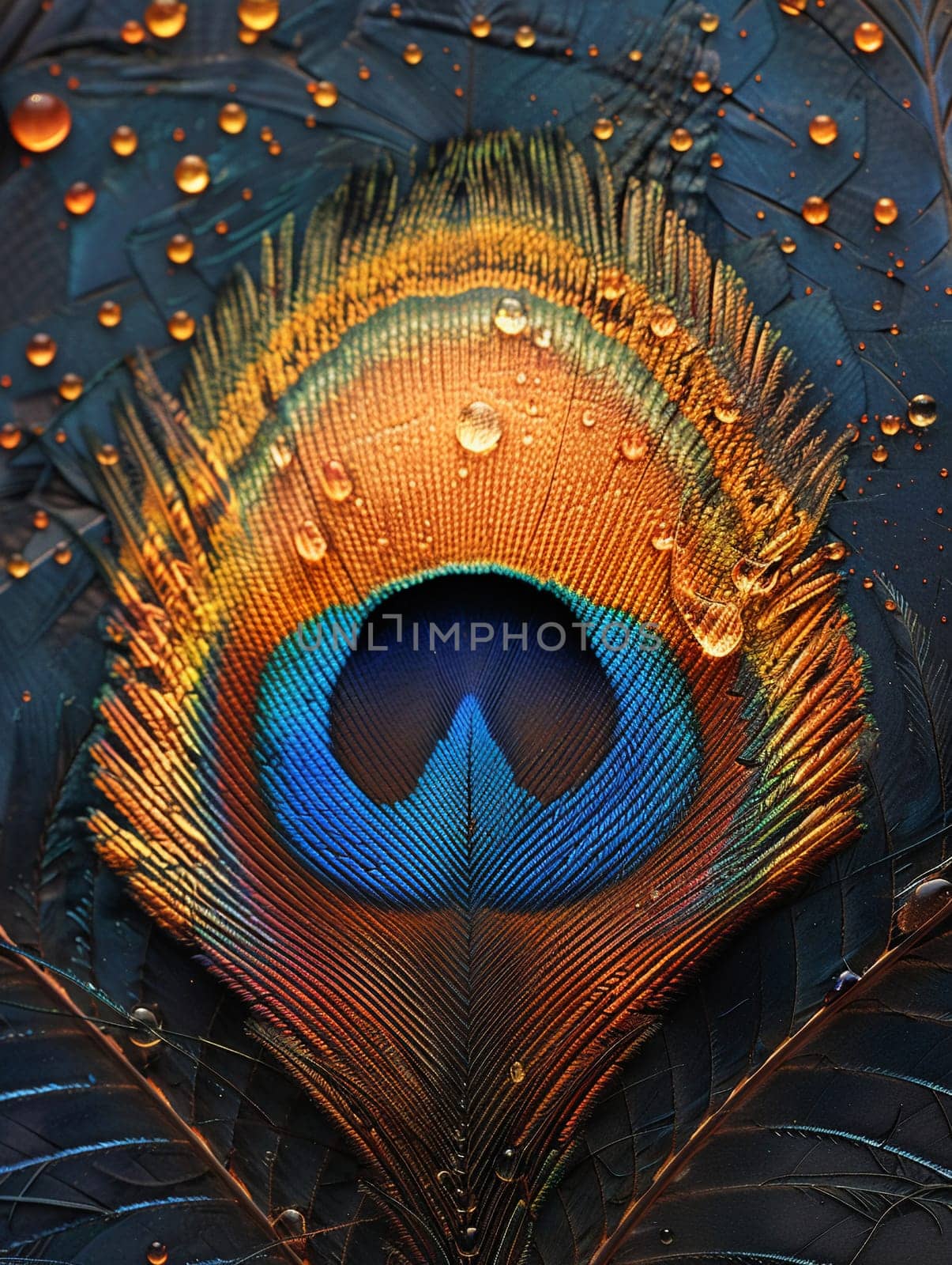 Close-up of a peacock feather, displaying vibrant colors and natural patterns.