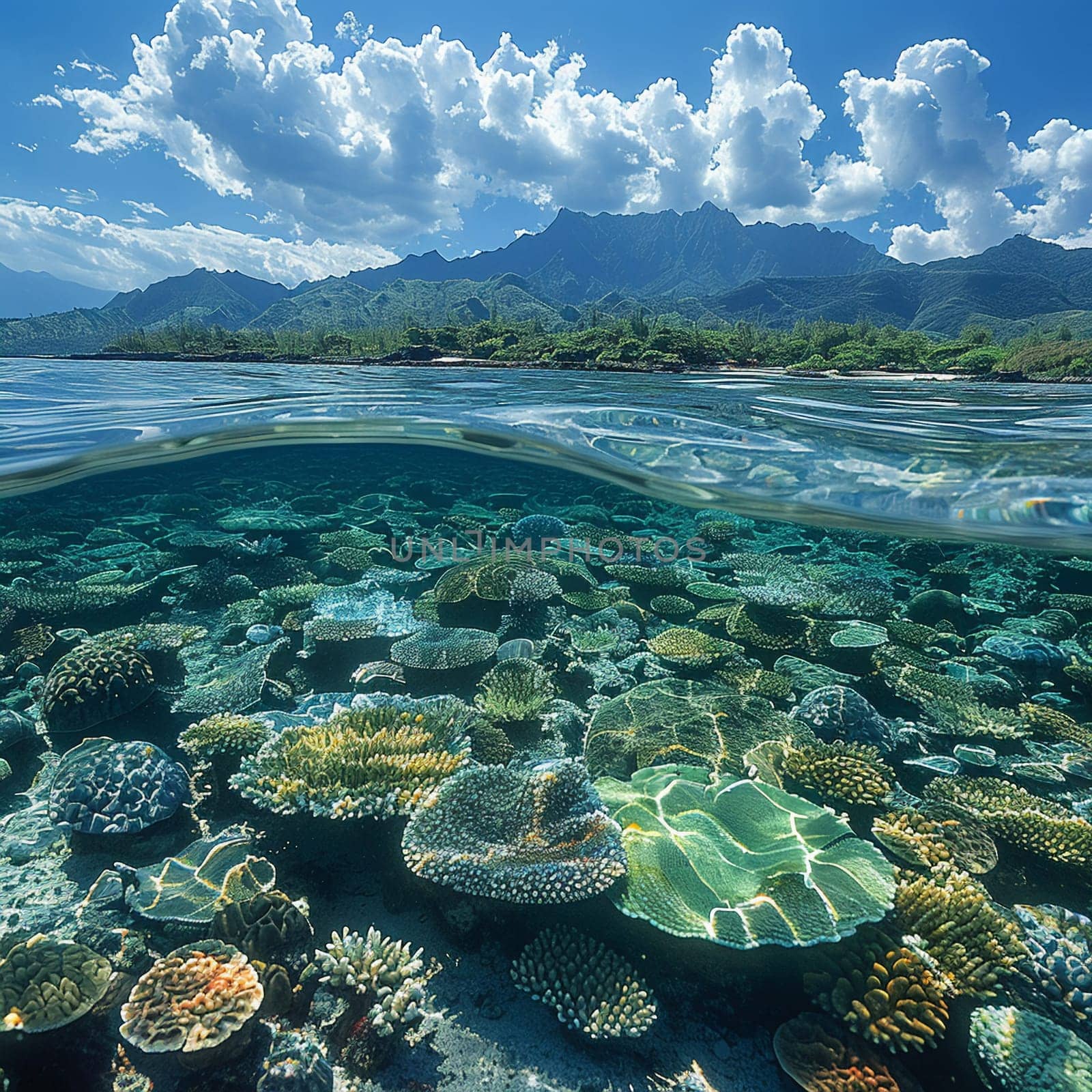 Shallow coral reef with clear water above by Benzoix