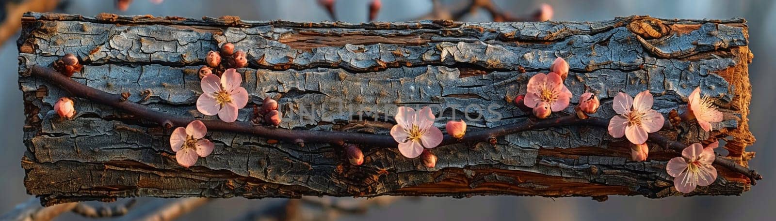 Blooming cherry blossoms against blue sky ideal for spring and floral themes. Rough bark texture of an old tree by Benzoix