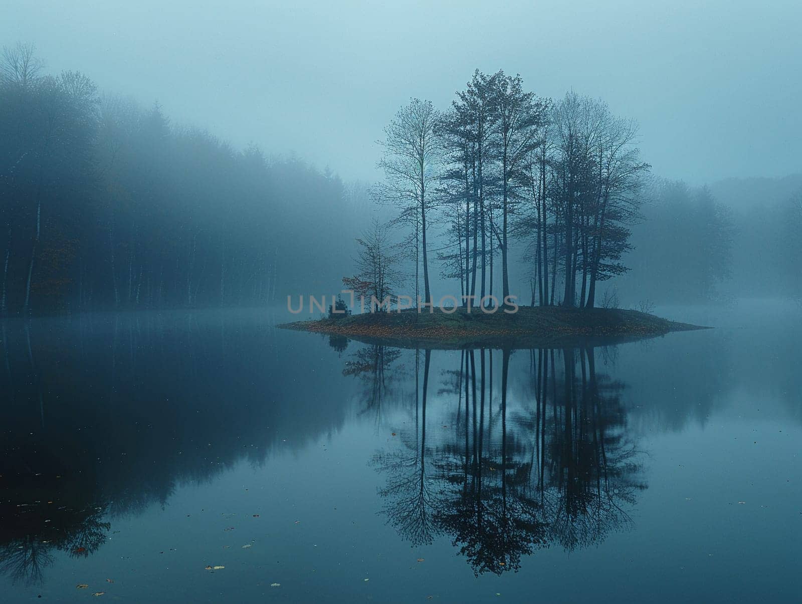 A blanket of fog over a calm lake at dawn by Benzoix