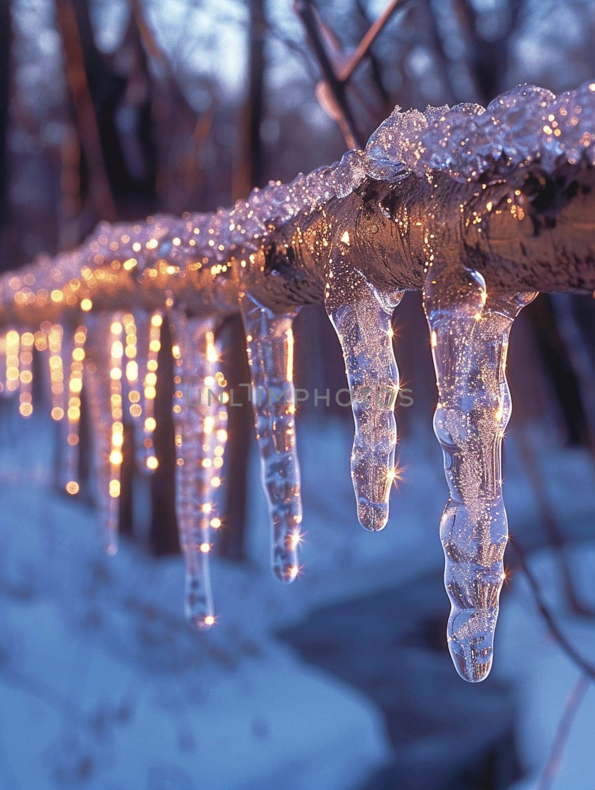 Frozen icicles hanging from a branch by Benzoix