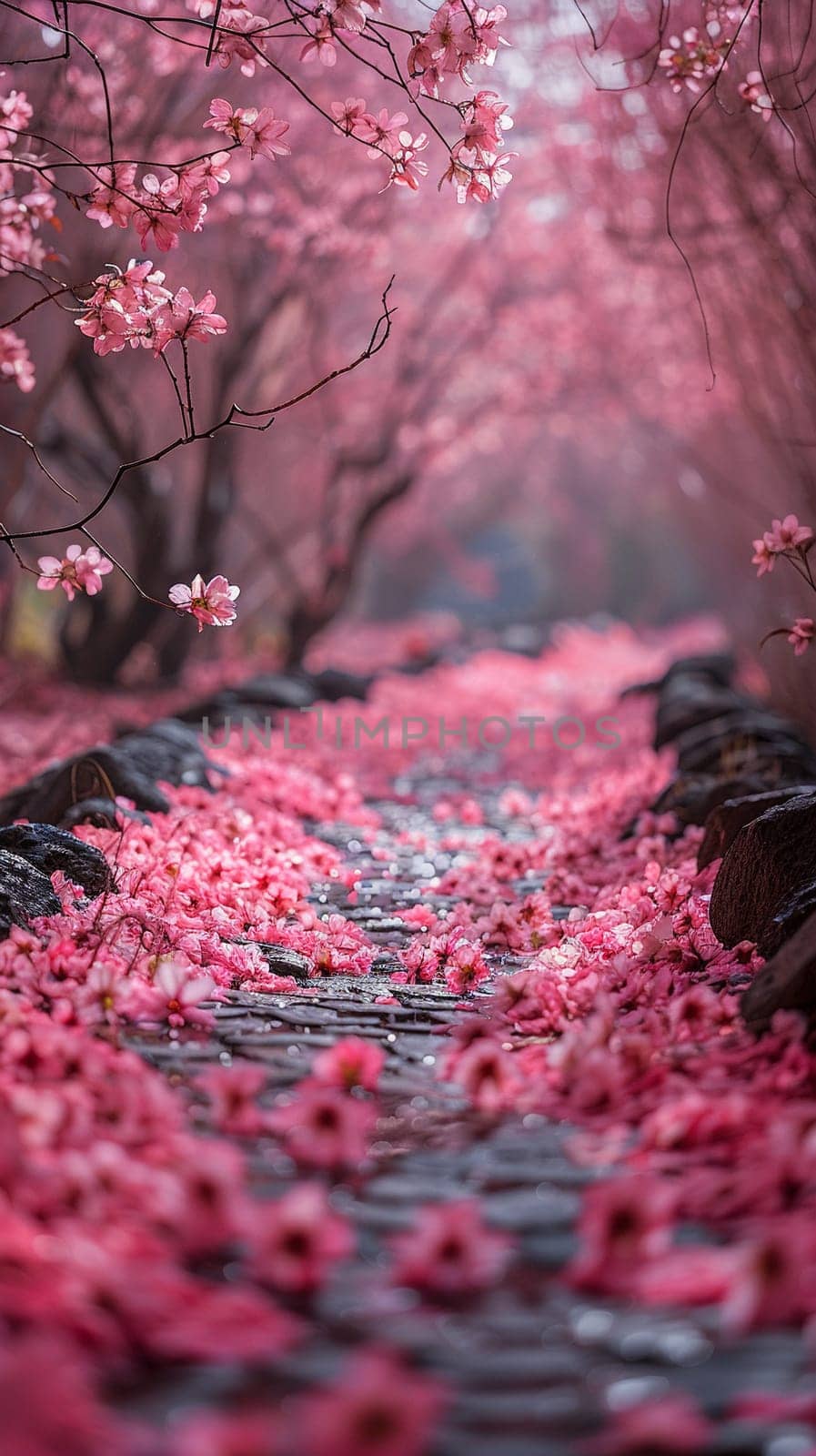 A path lined with cherry blossoms in full bloom, representing renewal and beauty.