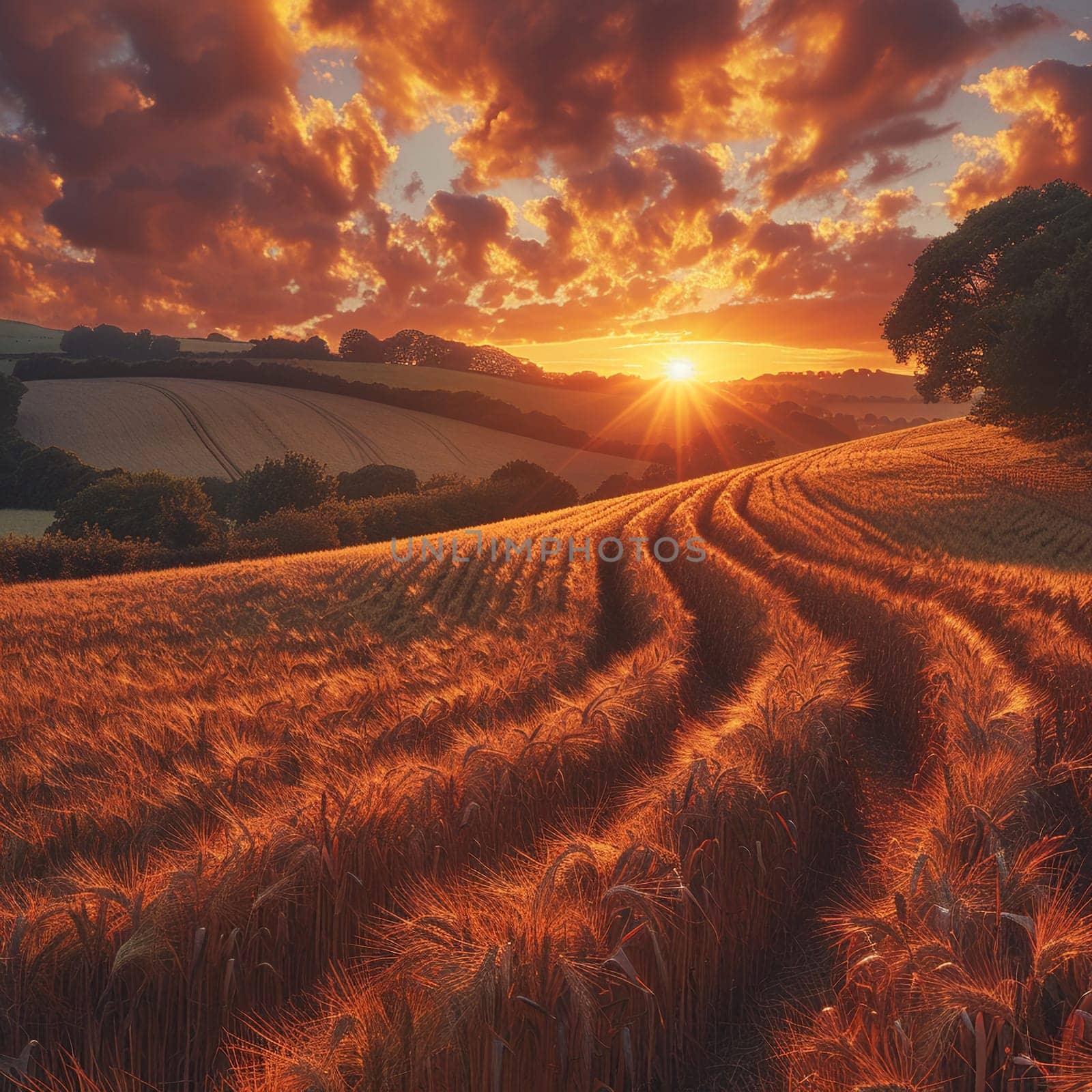 Waves of grain in a field at sunset by Benzoix